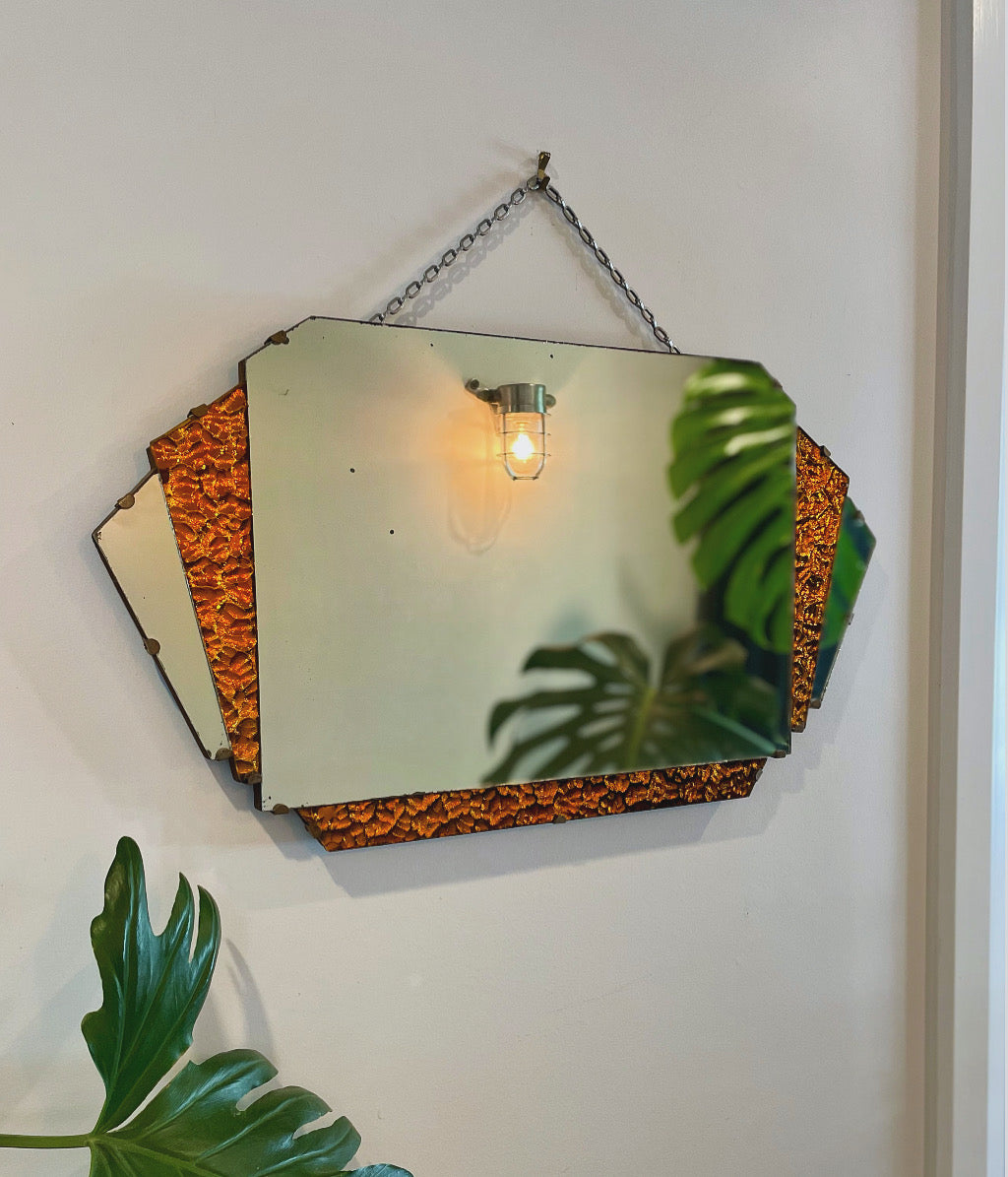 Lava Mirror - Authentic Art Deco mirror with orange sparkly glass panels - 1930’s frameless geometric mirror