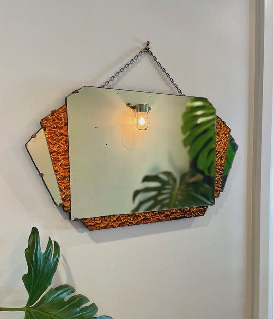 Lava Mirror - Authentic Art Deco mirror with orange sparkly glass panels - 1930’s frameless geometric mirror