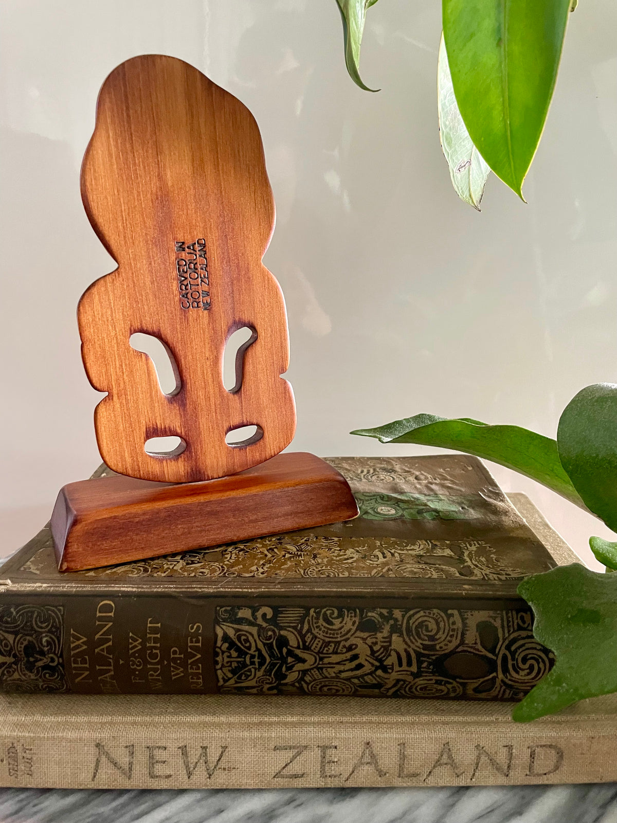 Vintage hand carved Maori Tiki statue with paua shell eyes - made in Rotorua Aotearoa New Zealand