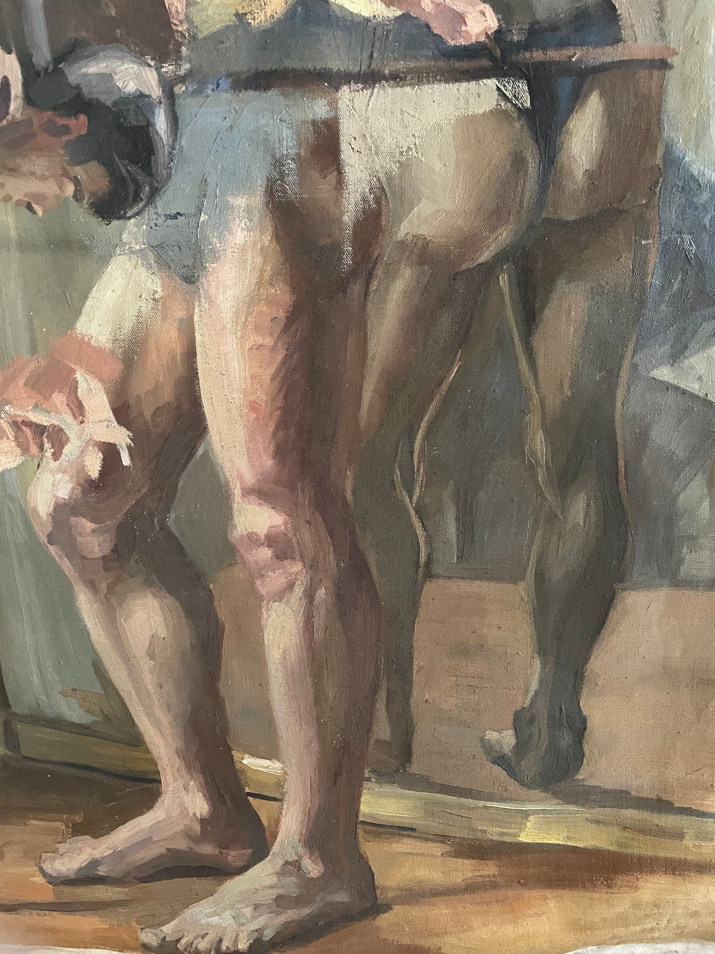 Juxtapositions - vintage oil painting on extra large loose canvas material - two sided classical nude artwork