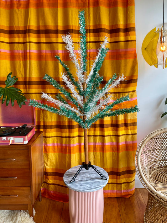 Ziegfeld Showgirl - Vintage 4 foot silver and turquoises Christmas tree - retro two toned tinsel aluminum xmas tree