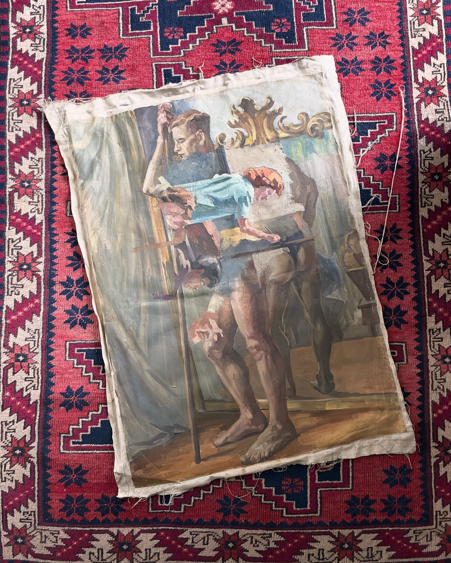 Juxtapositions - vintage oil painting on extra large loose canvas material - two sided classical nude artwork