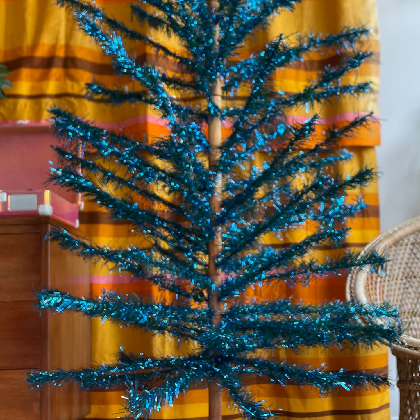 Blue Tui Tree - 7 foot Sparkly blue and green vintage Christmas tree - midcentury modern aluminum Xmas tree