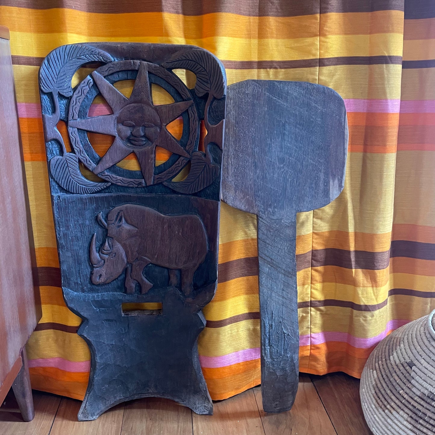 African stargazing chair - Vintage miniature wooden chair from Africa with Sun, Star and Rhinoceros - traditiona hand-carved birthing chair