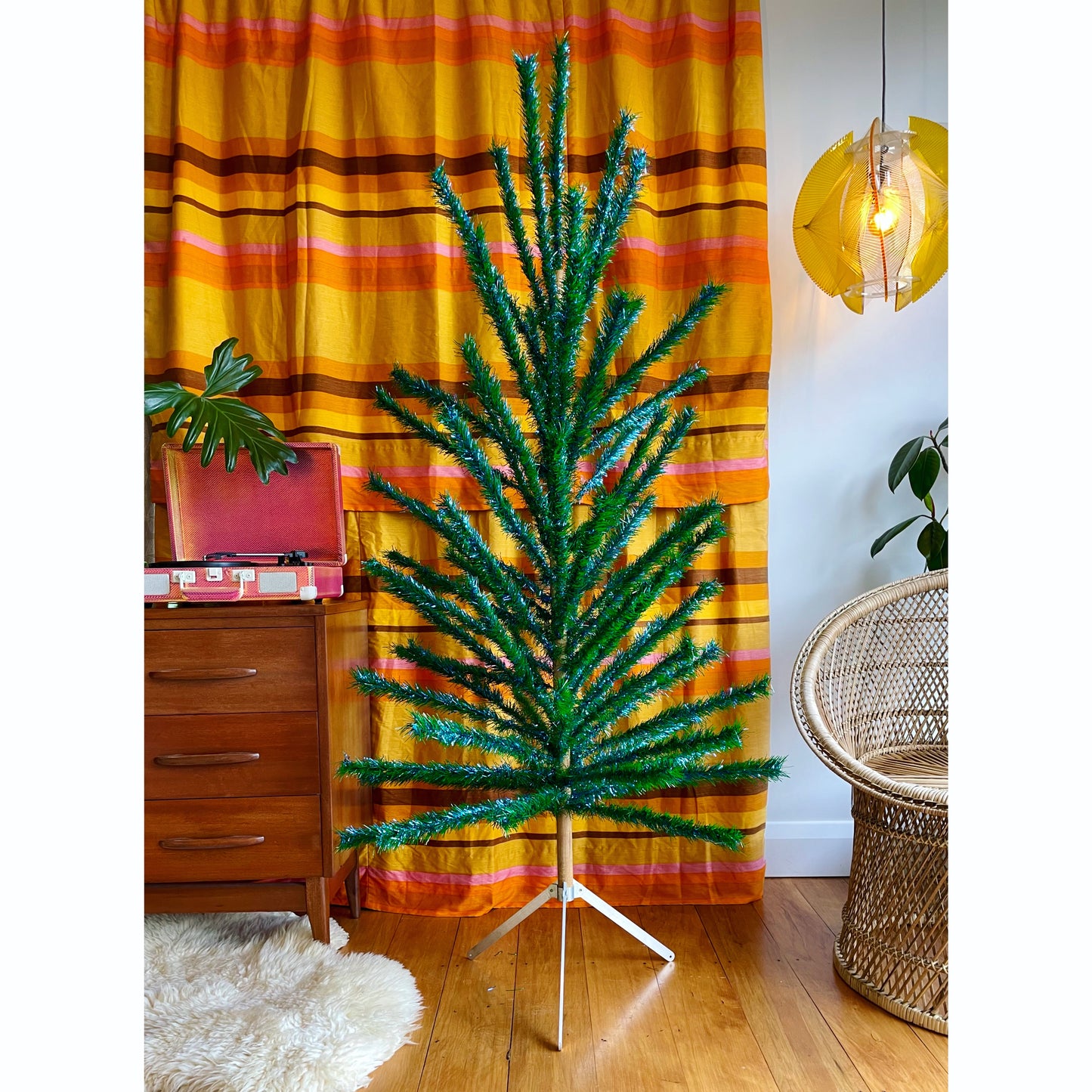 Sparkly vintage blue and green faux Christmas tree - midcentury modern peacock Xmas tree