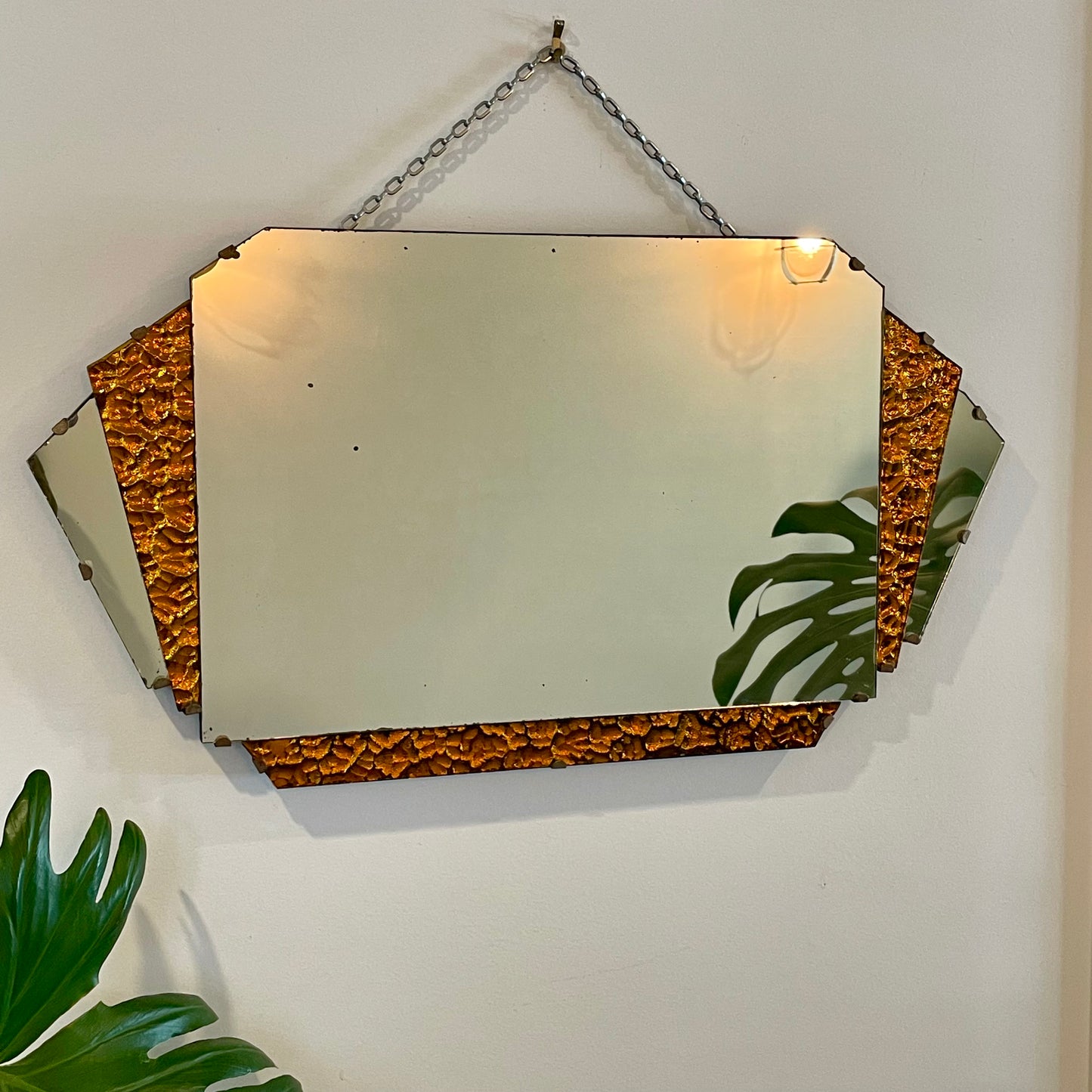 Lava Mirror - Authentic Art Deco mirror with orange sparkly glass panels - 1930’s frameless geometric mirror