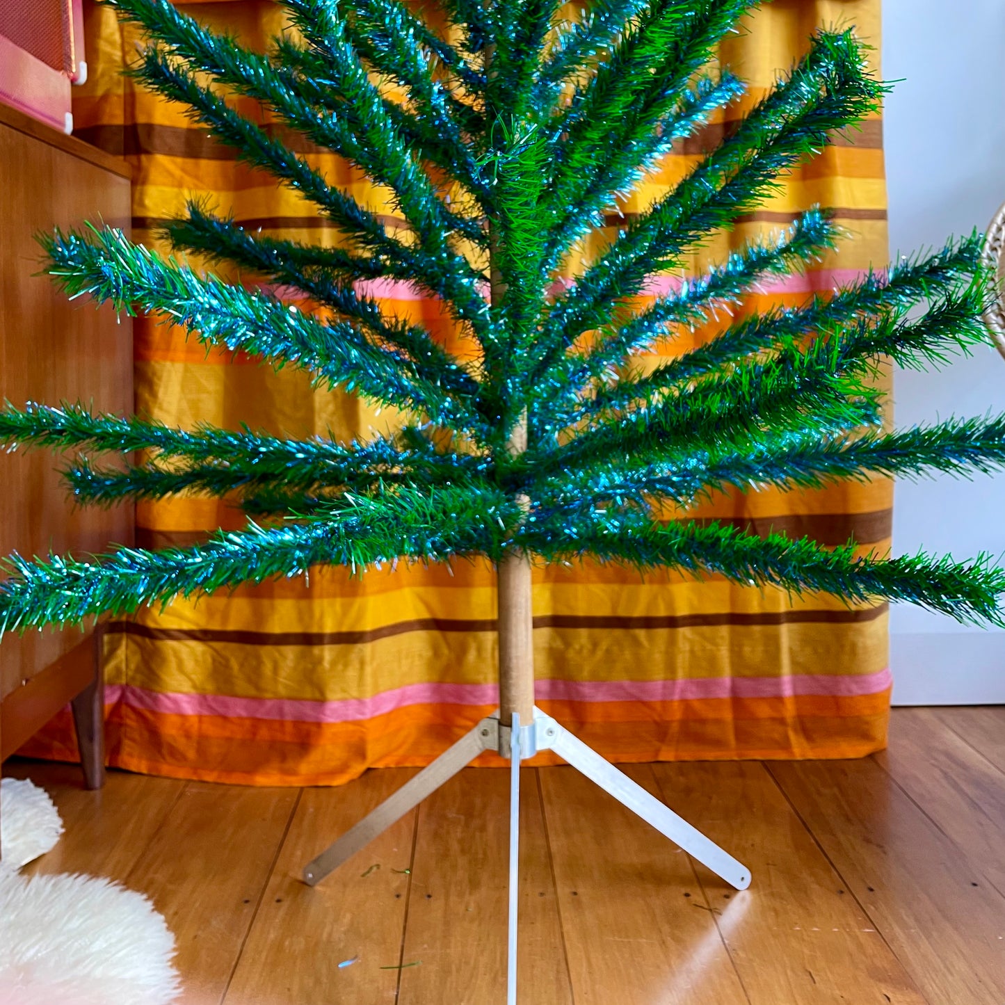 Sparkly vintage blue and green faux Christmas tree - midcentury modern peacock Xmas tree