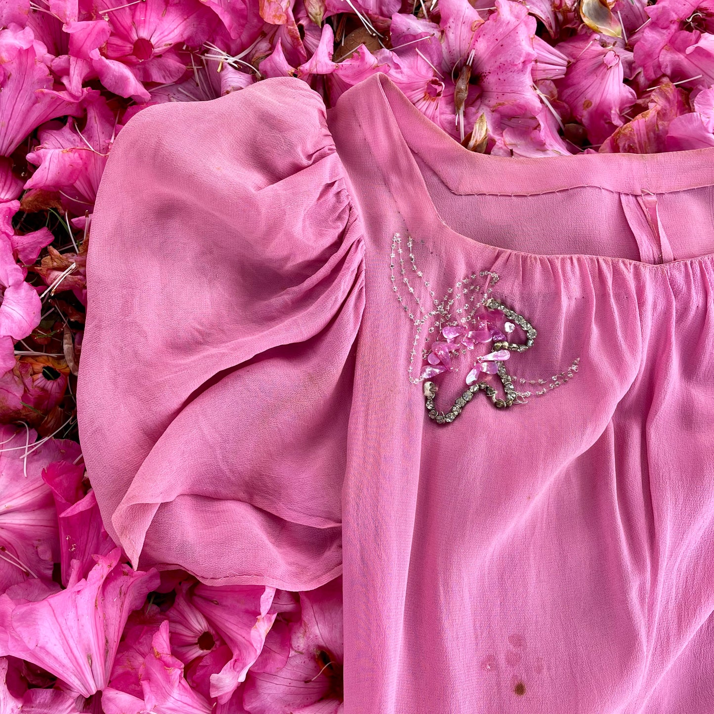 Midsummer Night’s Dream - 1930s sheer pink dress with rhinestones, puff sleeves and bodice buttons down the back