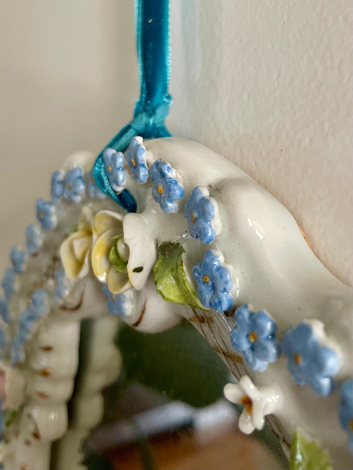 Antique German porcelain mirror - small glass floral mirror