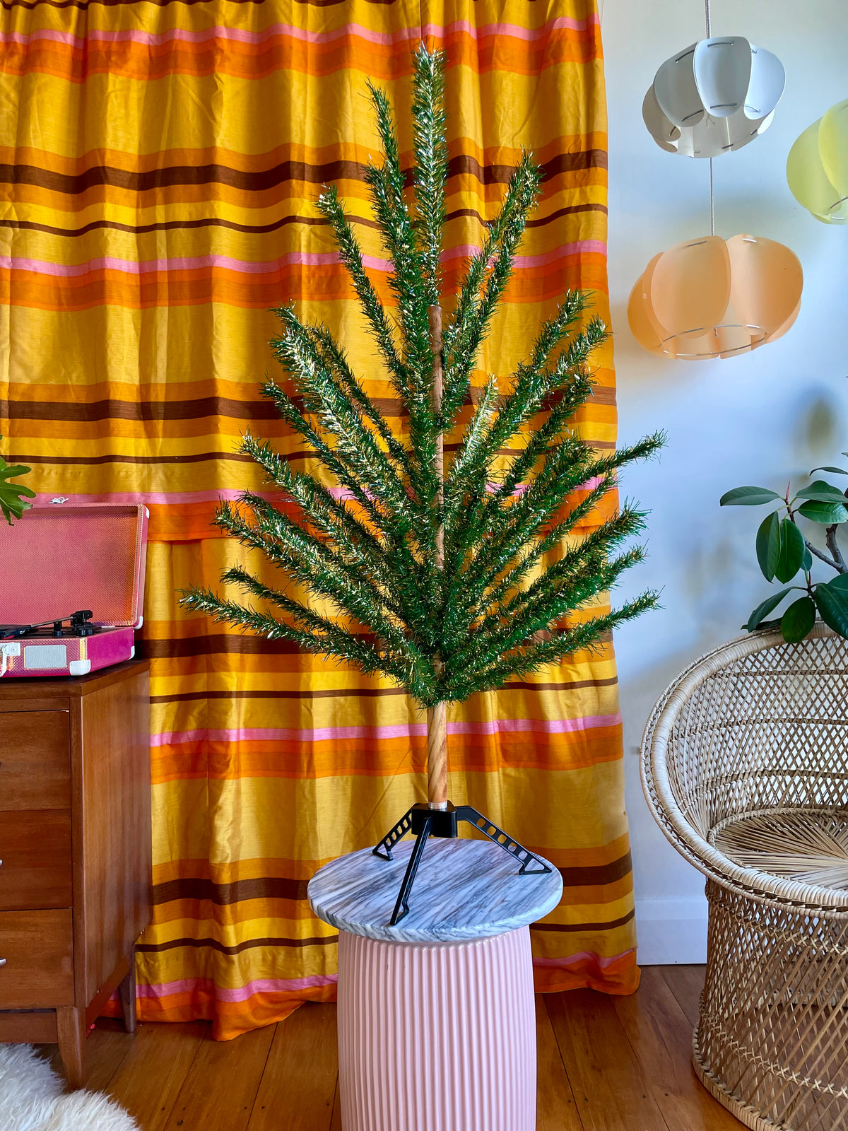 Goldie Locks -  vintage gold and green midcentury modern Christmas tree / vintage tinsel tree