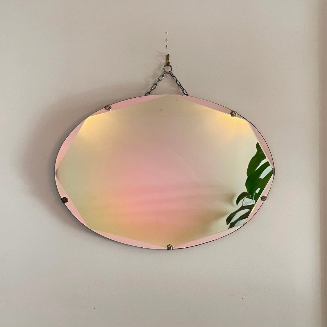 Oval antique mirror - frameless beveled 1930s art deco mirror