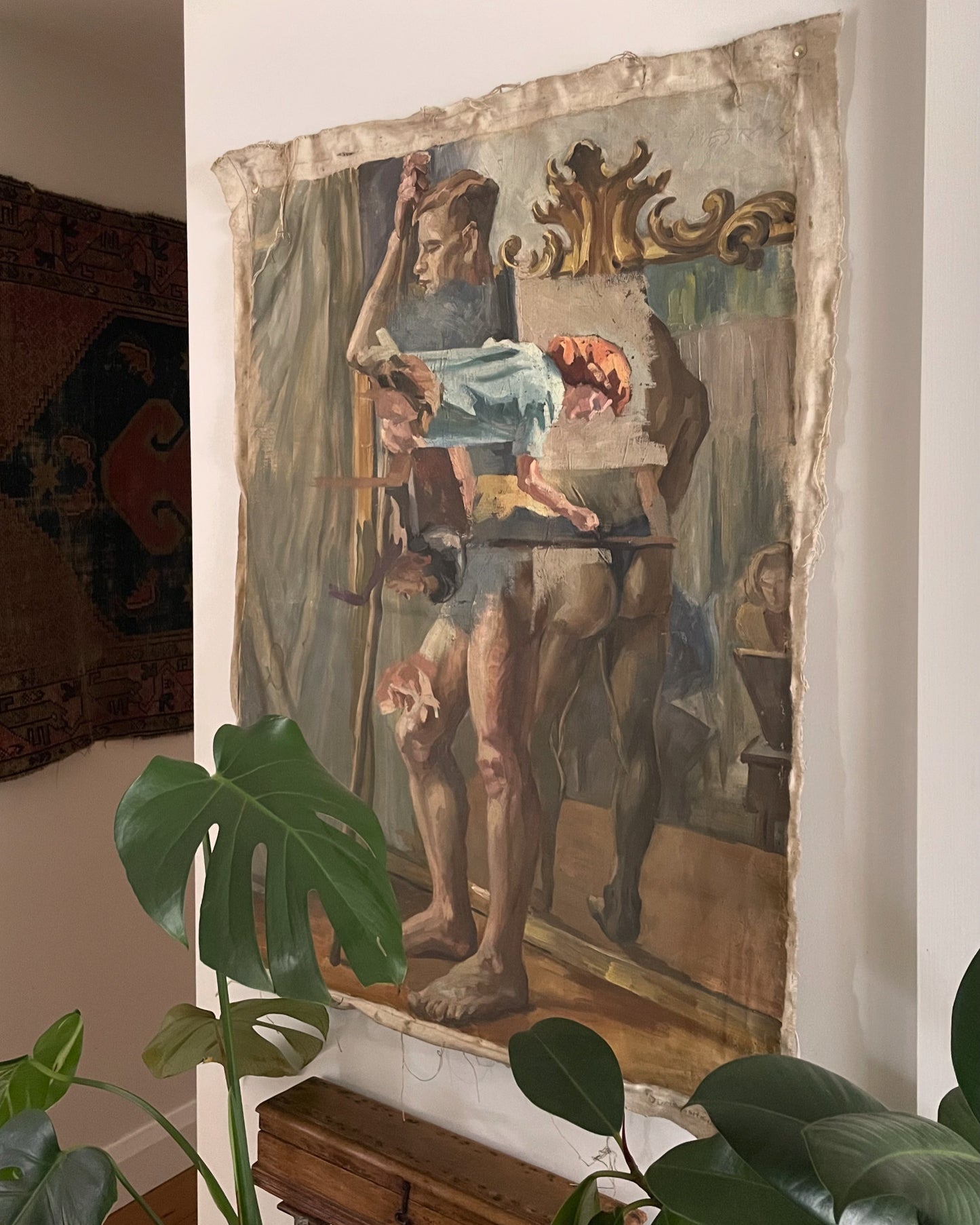 Juxtapositions - vintage oil painting on extra large loose canvas material - two sided classical nude artwork