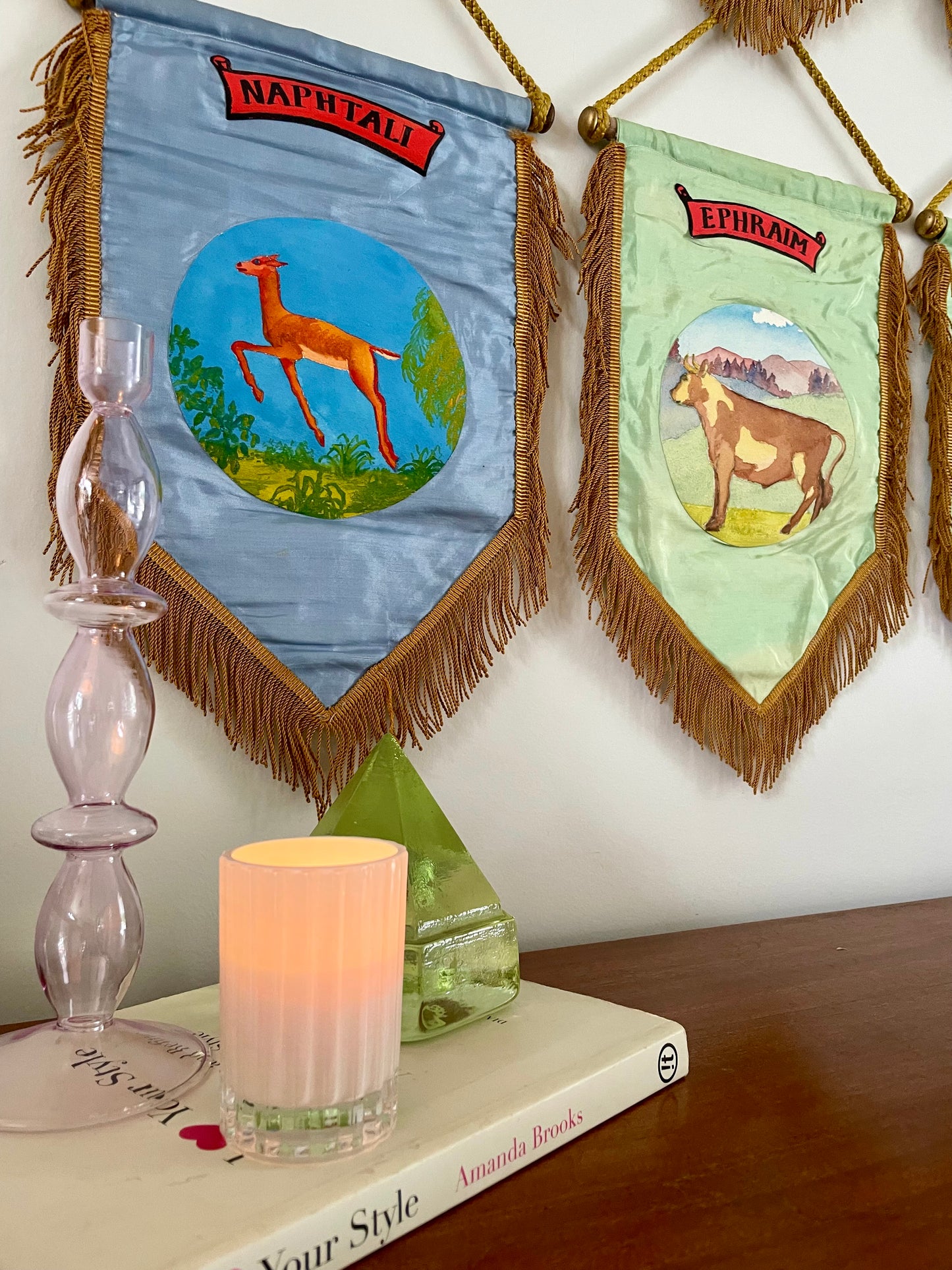 Antique Masonic banners of the 12 Tribes of Israel - Royal Arch Free Mason / Oddfellows / IOOF silk hand painted hanging