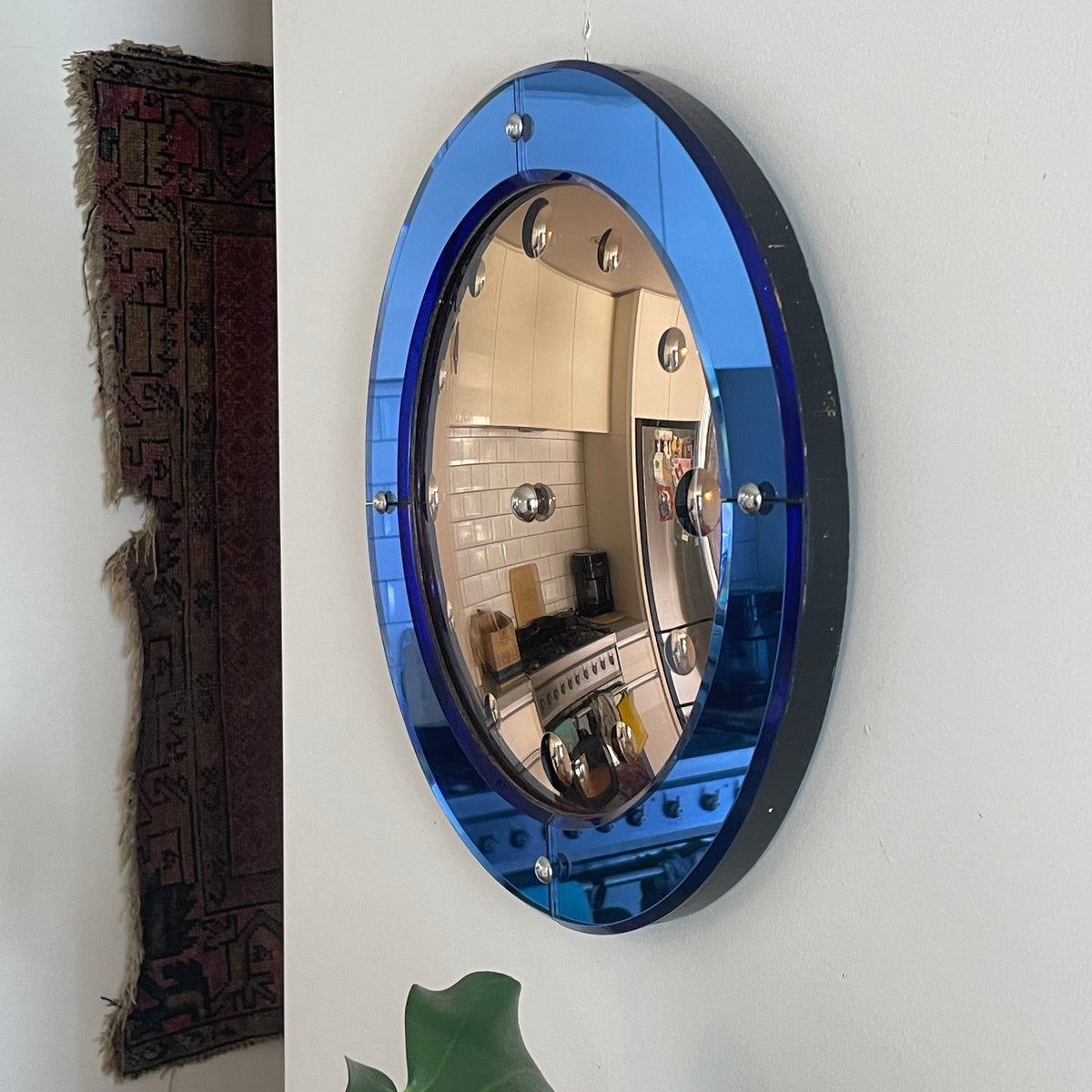 Original Smiths Venus Art Deco clock mirror - Two toned convex blue and pink glass antique bubble mirror