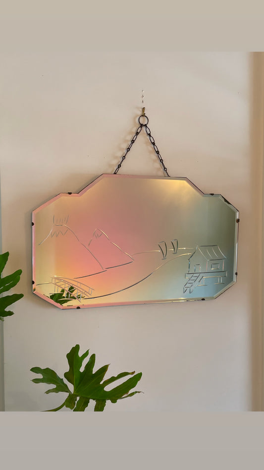 Polynesian Paradise - vintage mirror with decorative etching of volcanic island scene
