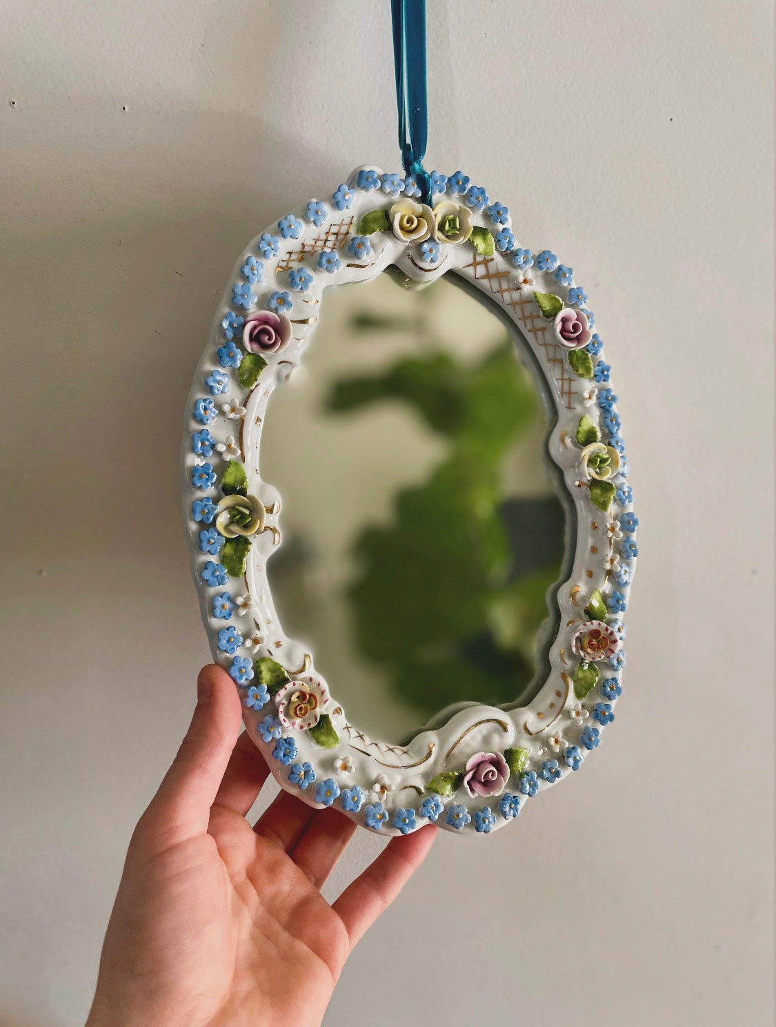 Antique German porcelain mirror - small glass floral mirror