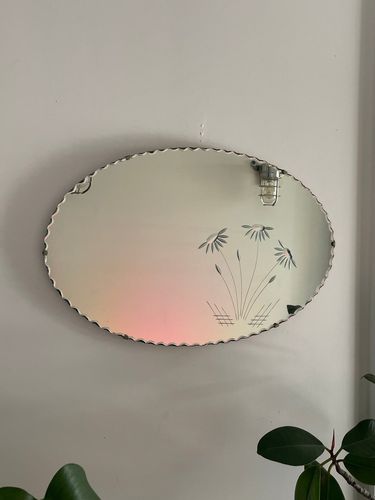 Upsy-Daisy Mirror - retro oval mirror with scalloped bevels and etched floral design