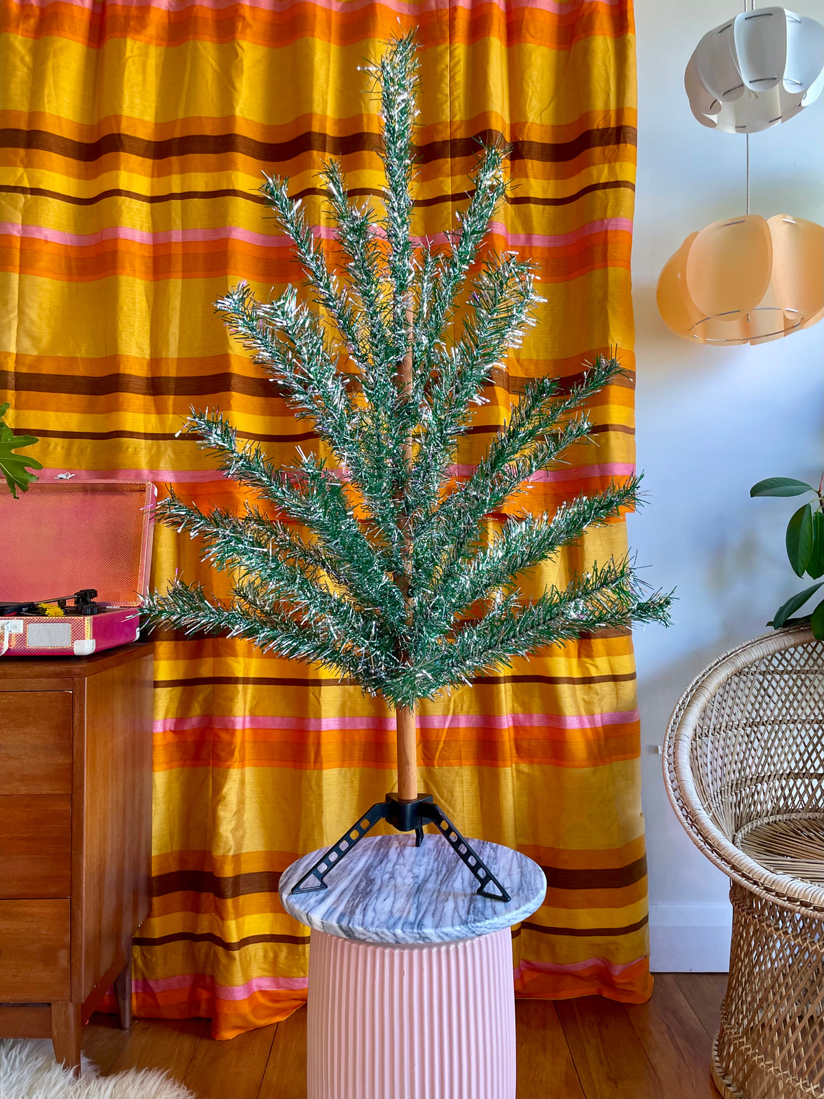 Tinselite Tree - Authentic vintage midcentury modern Christmas tree / retro silver and green tinsel tree
