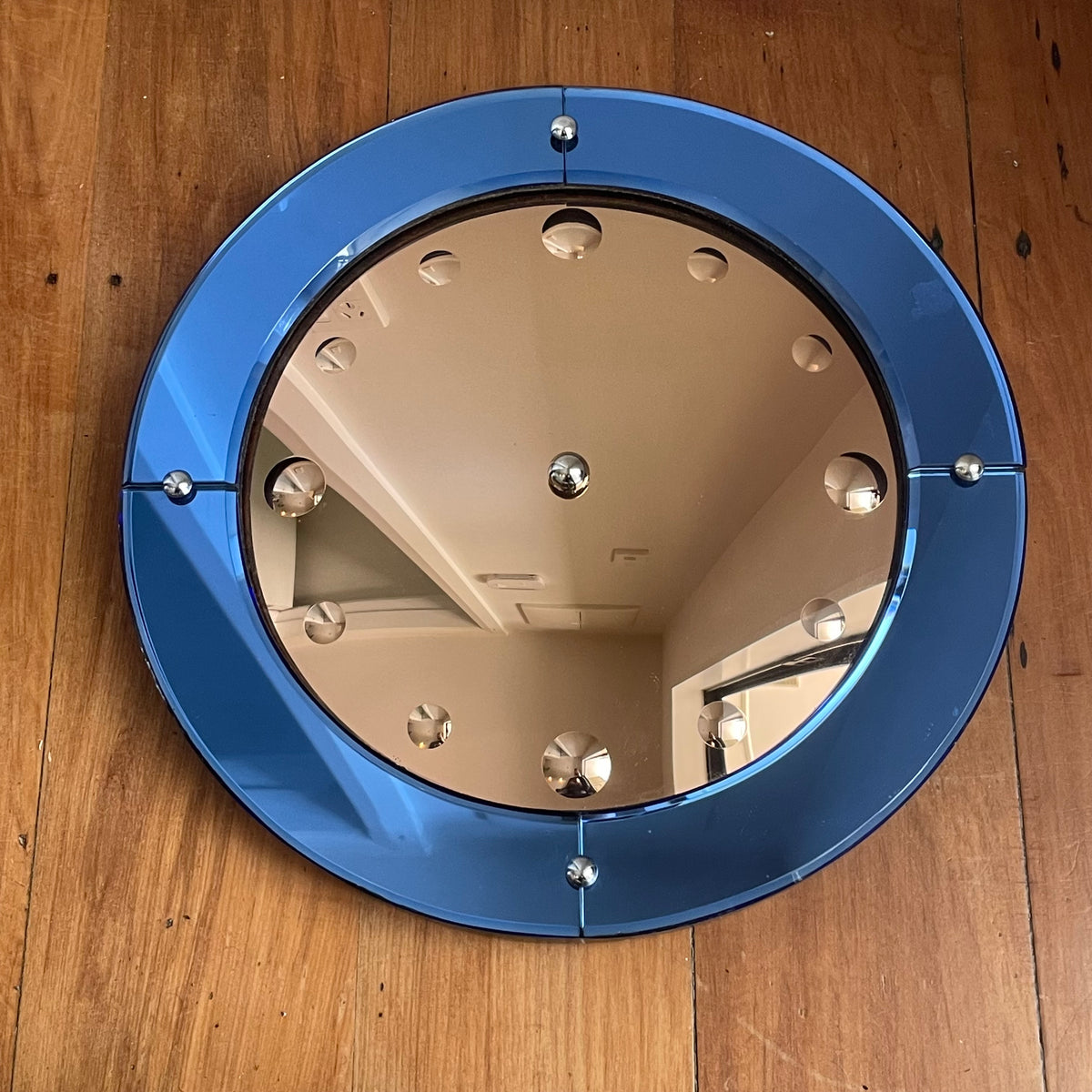 Original Smiths Venus Art Deco clock mirror - Two toned convex blue and pink glass antique bubble mirror