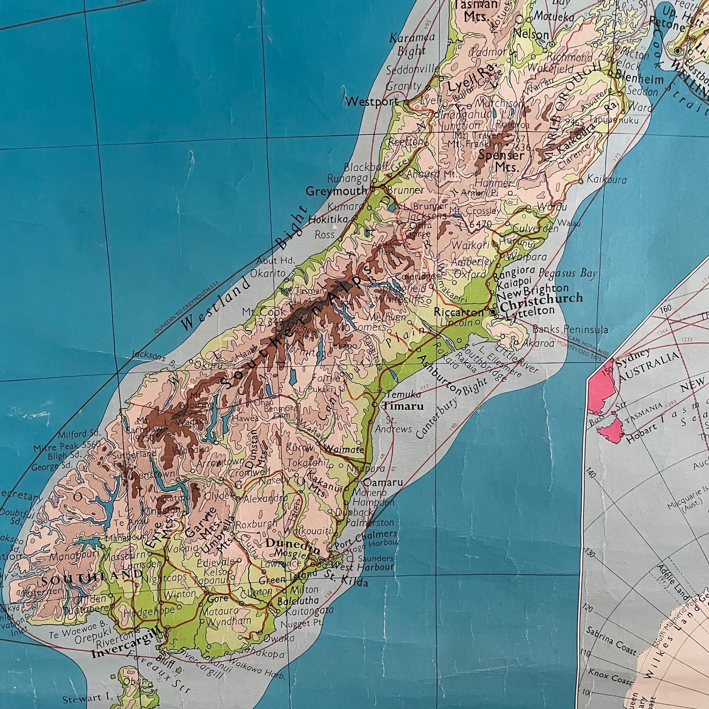 Vintage 1968 canvas backed map of New Zealand