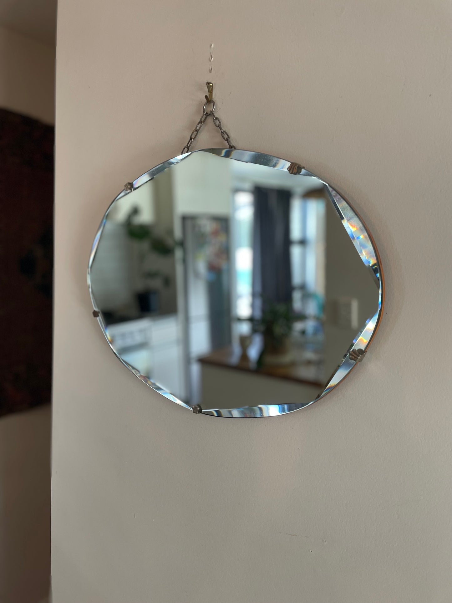 Oval antique mirror - frameless beveled 1930s art deco mirror