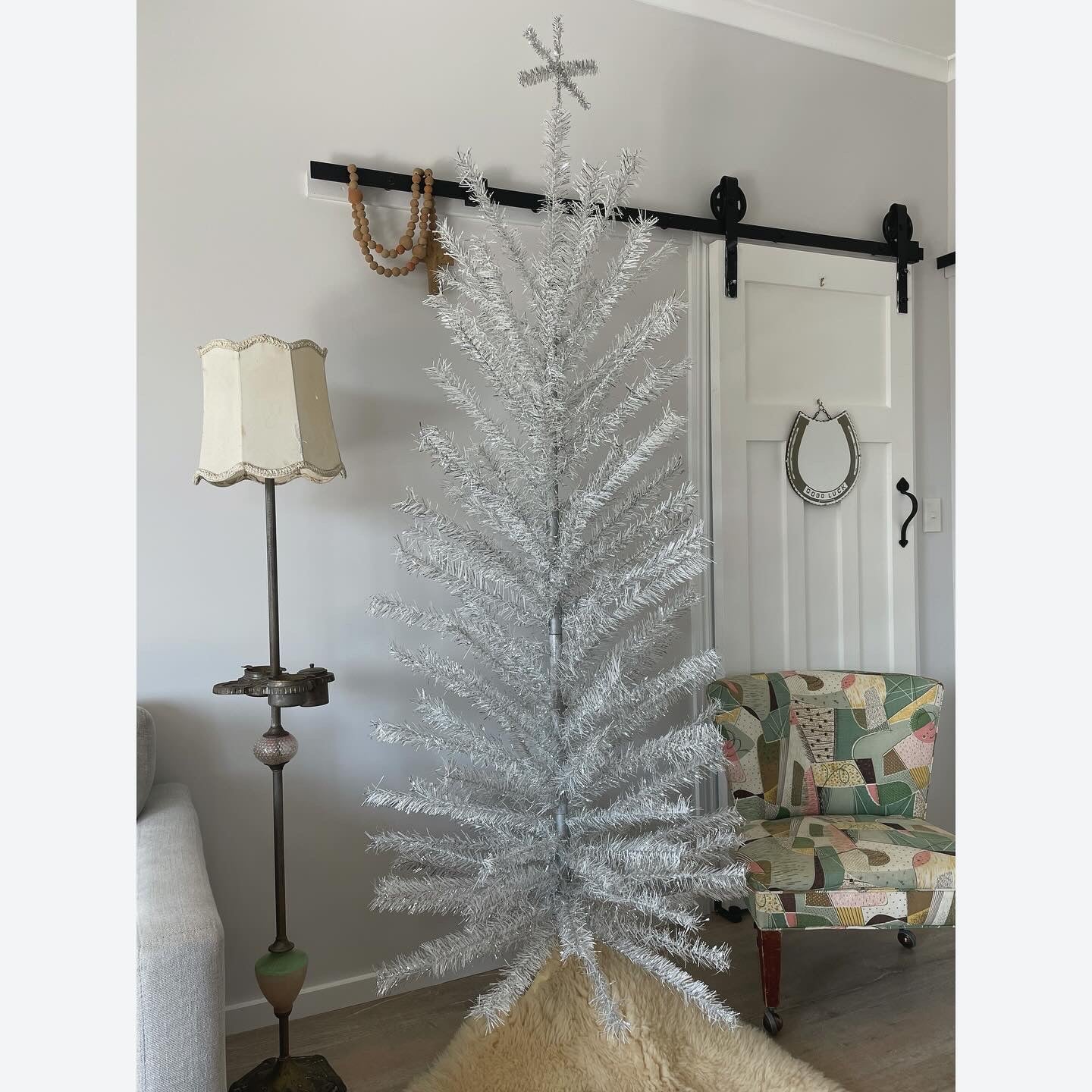 Queen Frostine - 7 foot Vintage silver & white sparkly Christmas tree - midcentury modern aluminum xmas tree