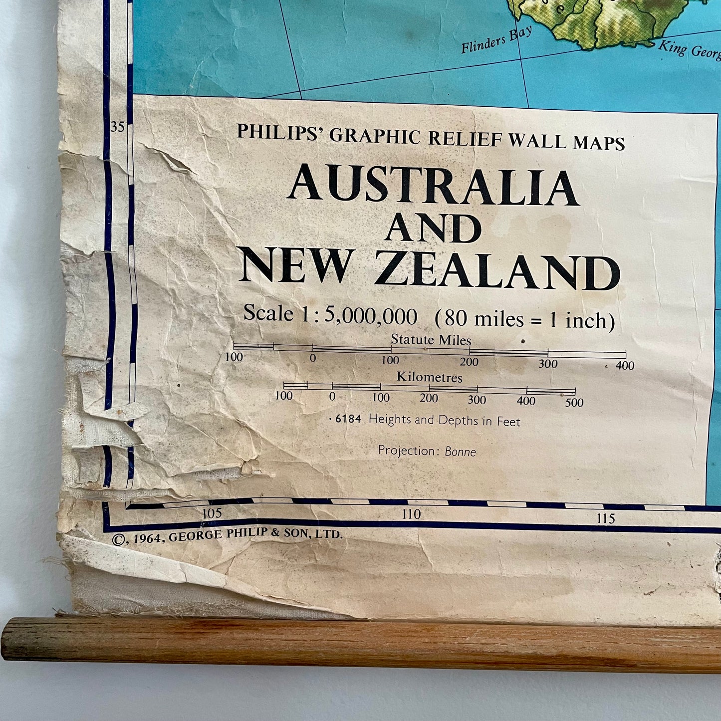 Authentic 1964 vintage map of Australia and New Zealand - large canvas pull down chart