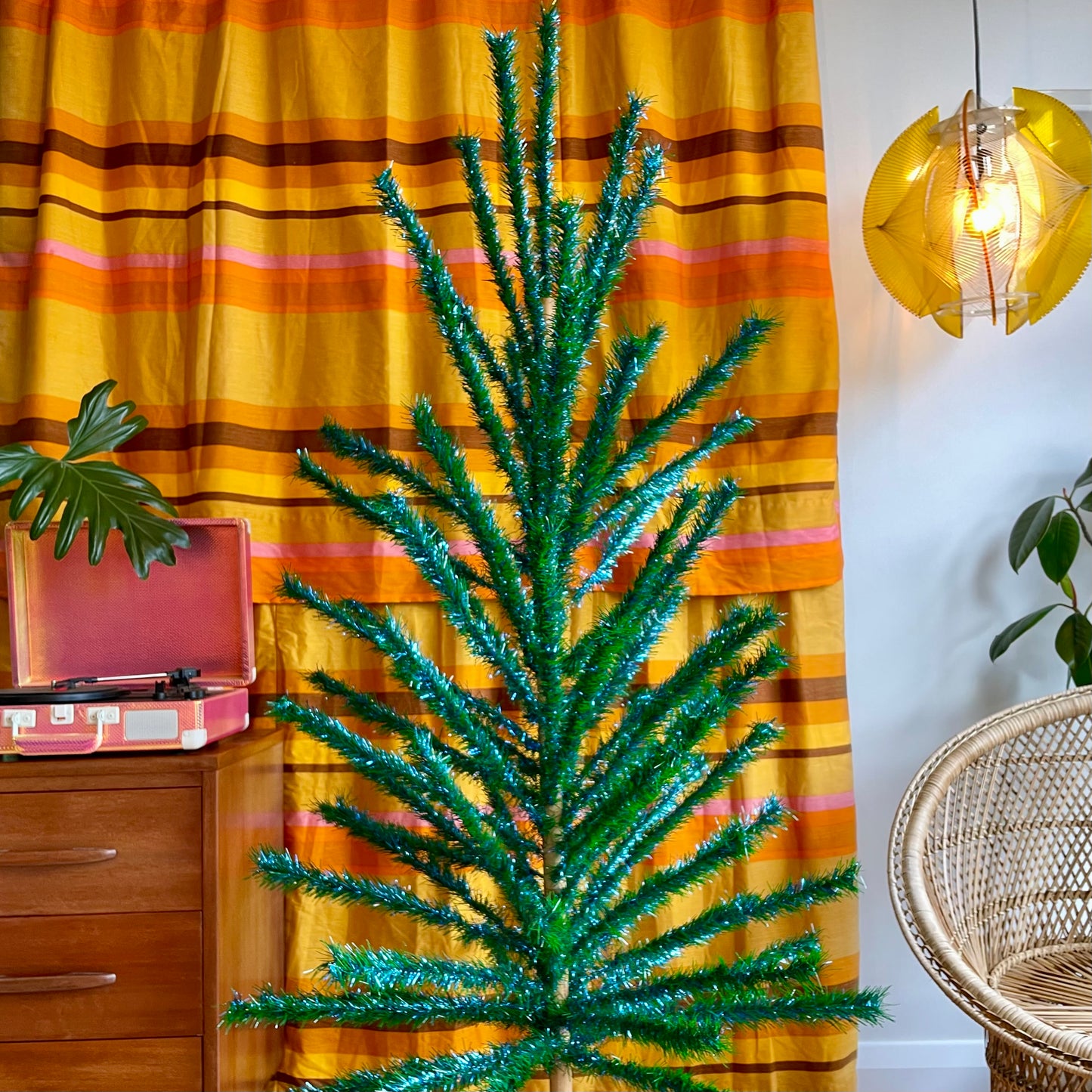 Sparkly vintage blue and green faux Christmas tree - midcentury modern peacock Xmas tree