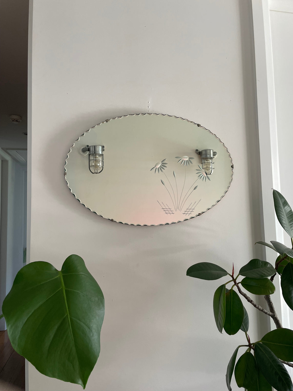 Upsy-Daisy Mirror - retro oval mirror with scalloped bevels and etched floral design