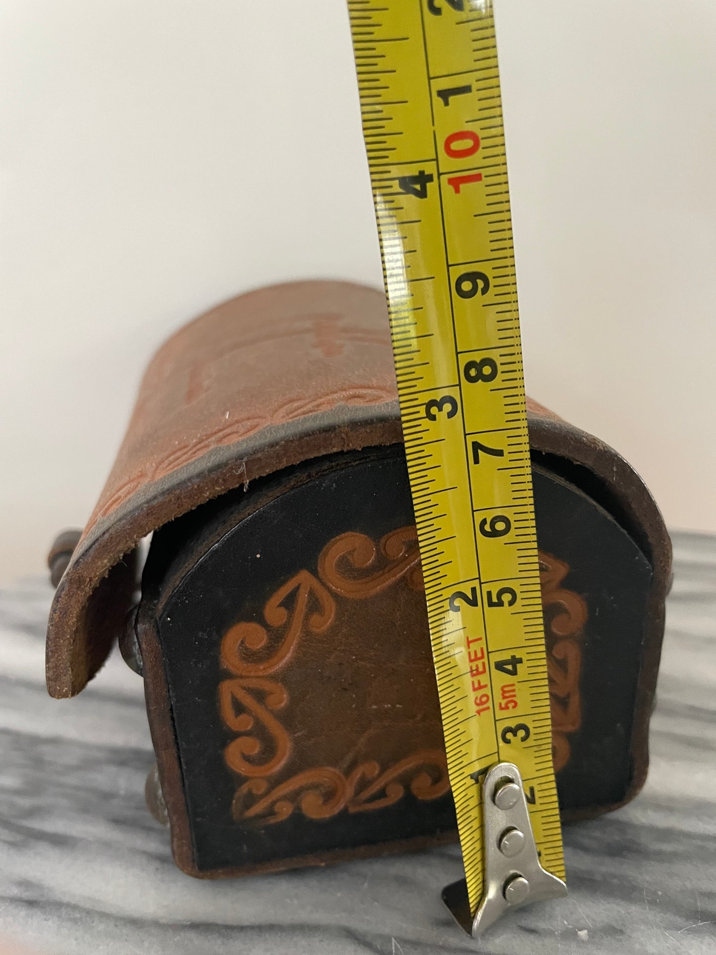 Vintage hand-tooled leather box with embossed Map of New Zealand and Māori designs
