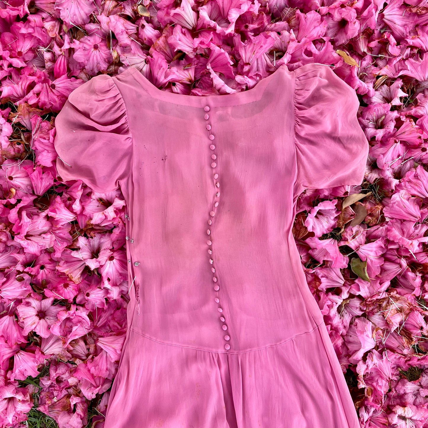 Midsummer Night’s Dream - 1930s sheer pink dress with rhinestones, puff sleeves and bodice buttons down the back