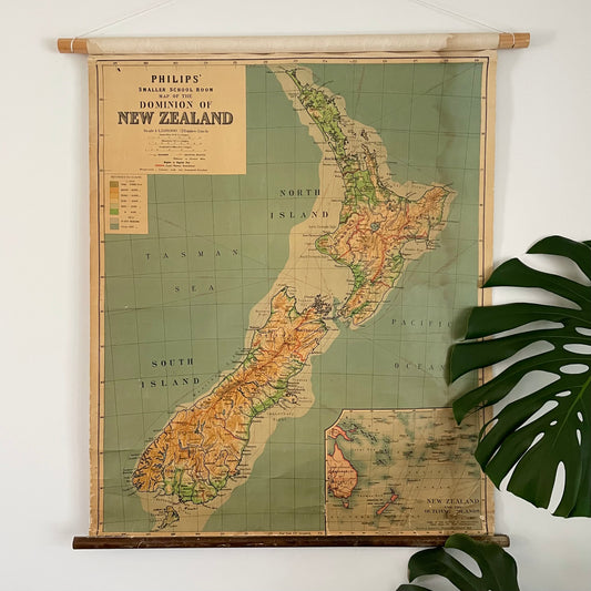 Rare New Zealand large schoolroom map - pull down canvas chart