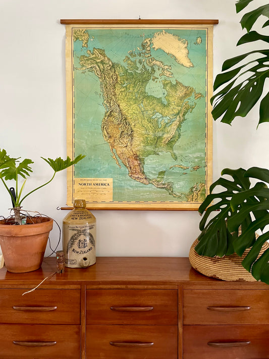 1962 large map of North America - vintage pull down canvas map of Canada USA Greenland Mexico