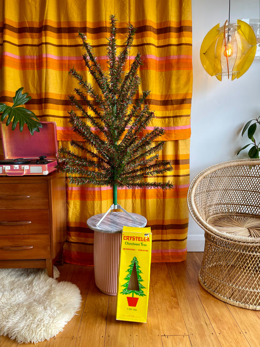 Red and green vintage 4 foot Christmas tree - midcentury modern tinsel xmas tree