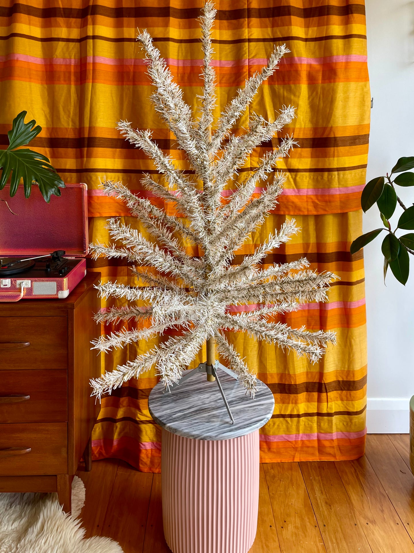 Retro white and gold 4 foot Vintage Christmas tree - midcentury modern tinsel xmas tree