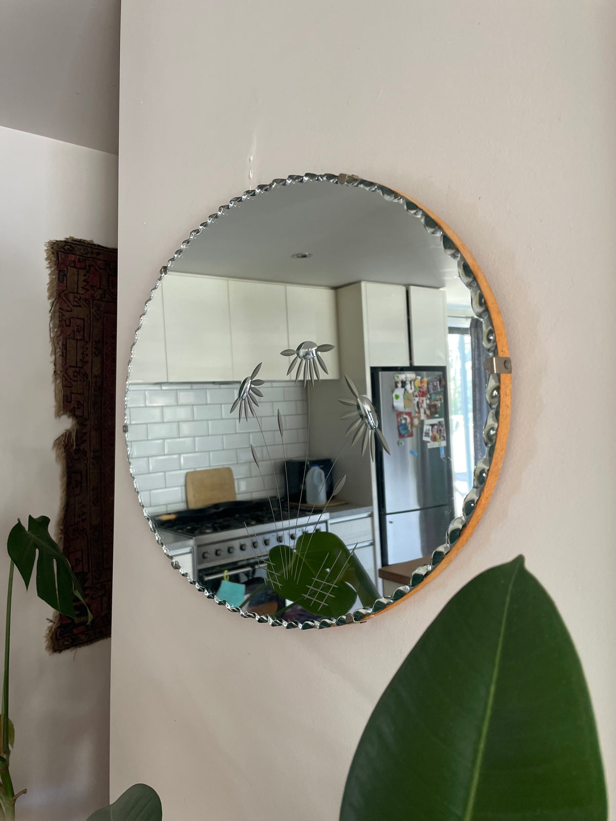 Upsy-Daisy Mirror - retro oval mirror with scalloped bevels and etched floral design