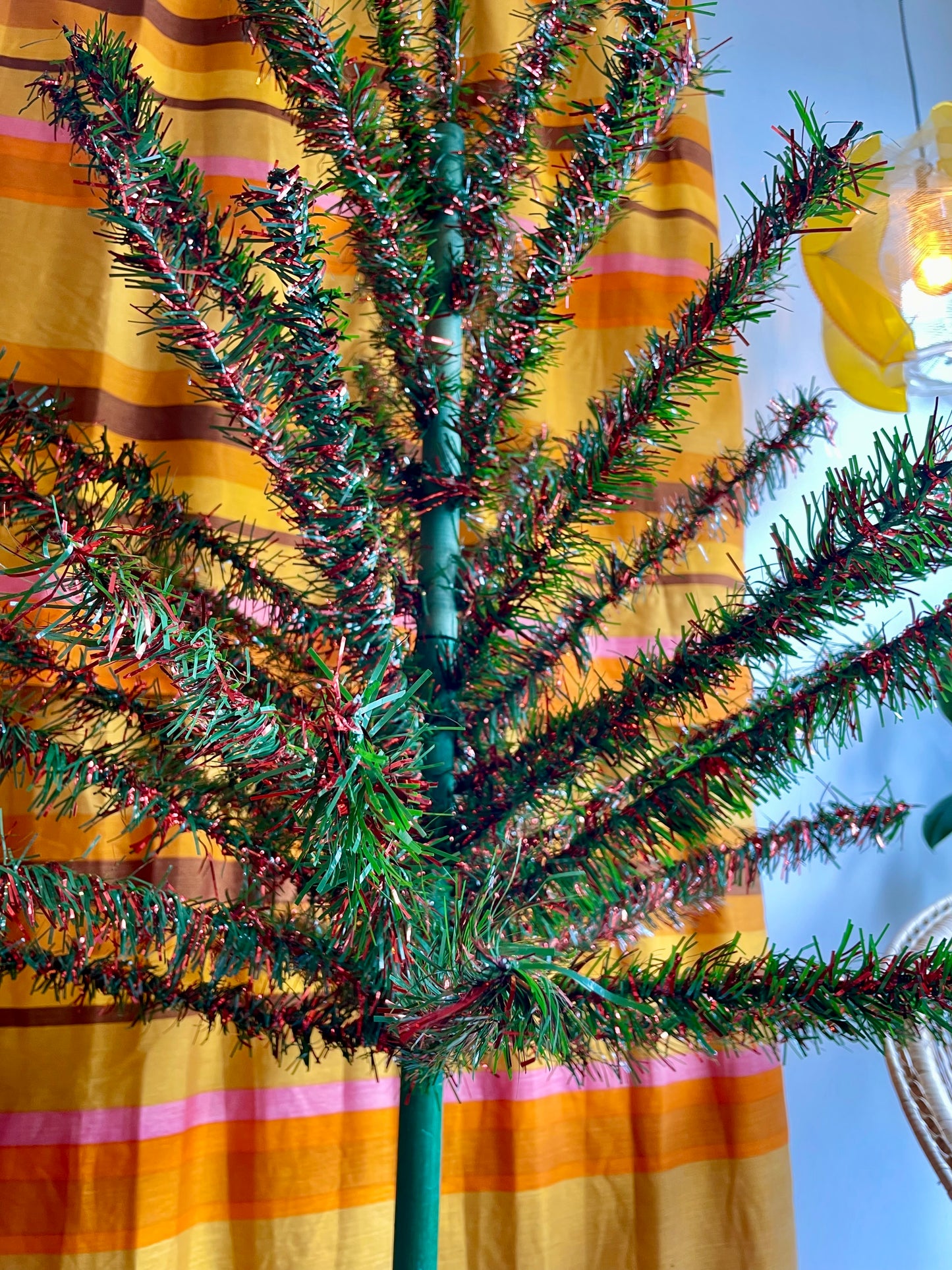 Red and green vintage 4 foot Christmas tree - midcentury modern tinsel xmas tree