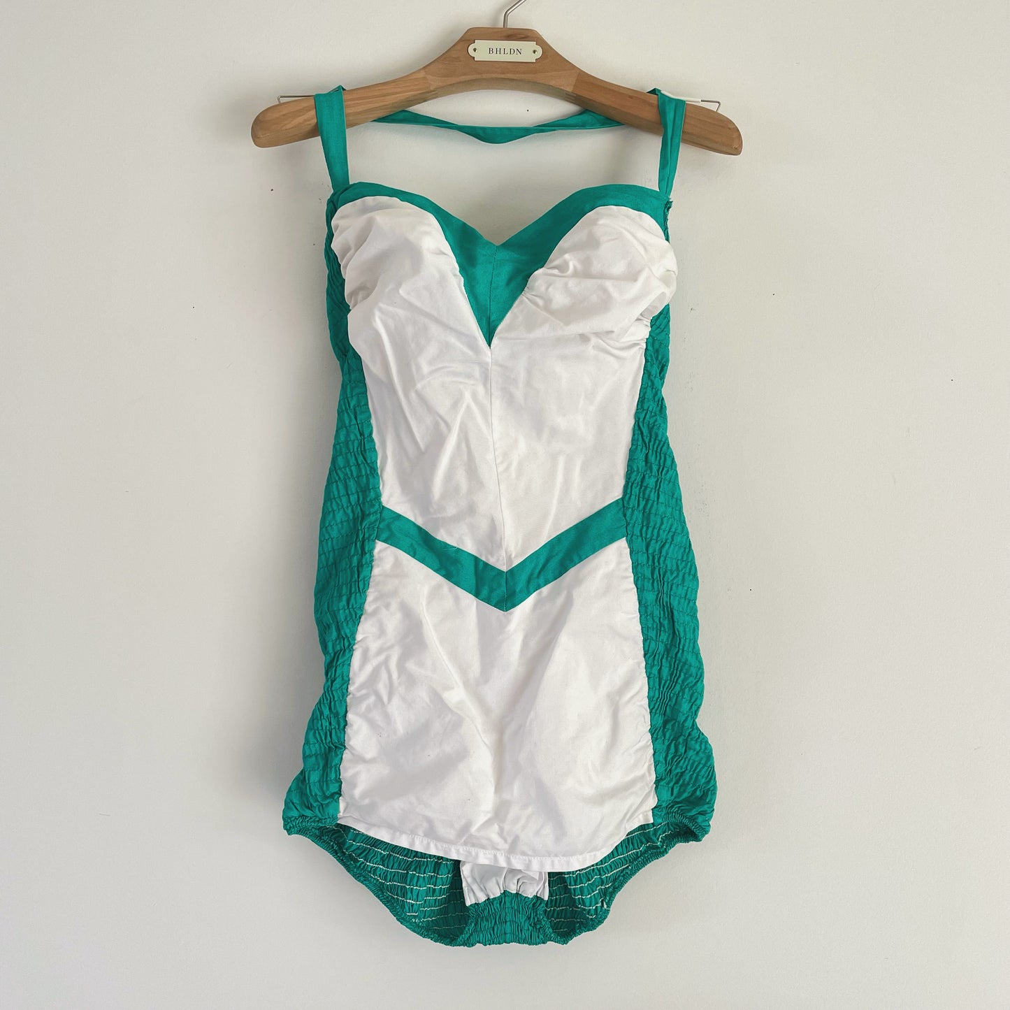 1950s pinup bathing suit - white and turquoise green Cole of California strapless one piece swimsuit