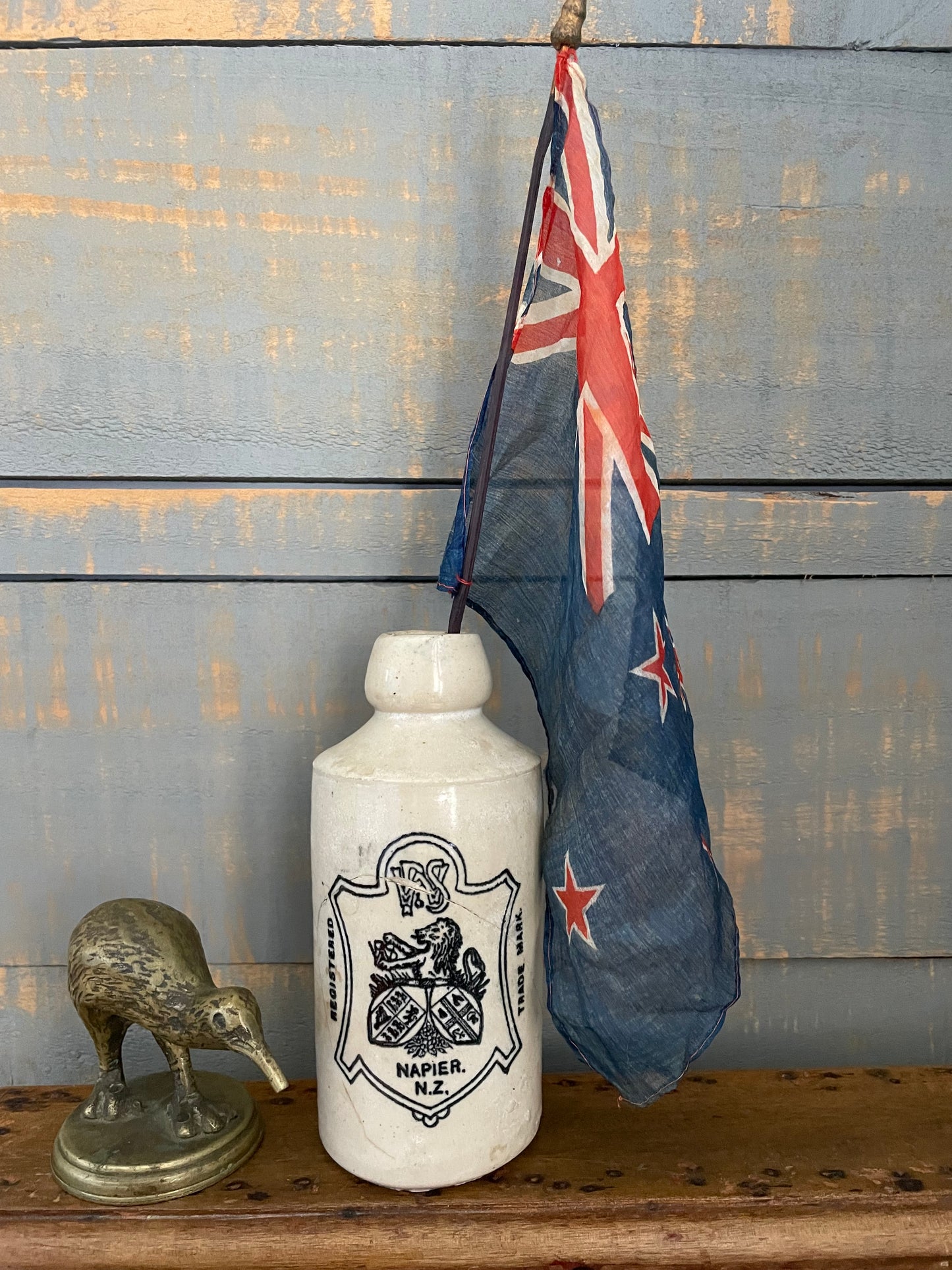 Antique silk parade flag of New Zealand, small ceremonial waving flag on stick