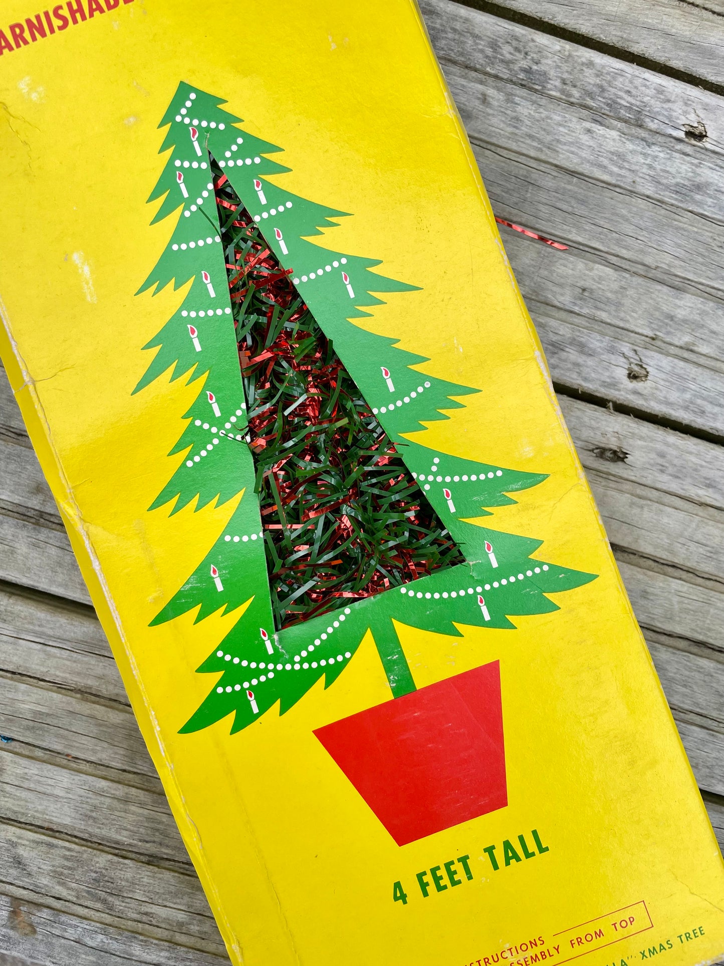 Red and green vintage 4 foot Christmas tree - midcentury modern tinsel xmas tree
