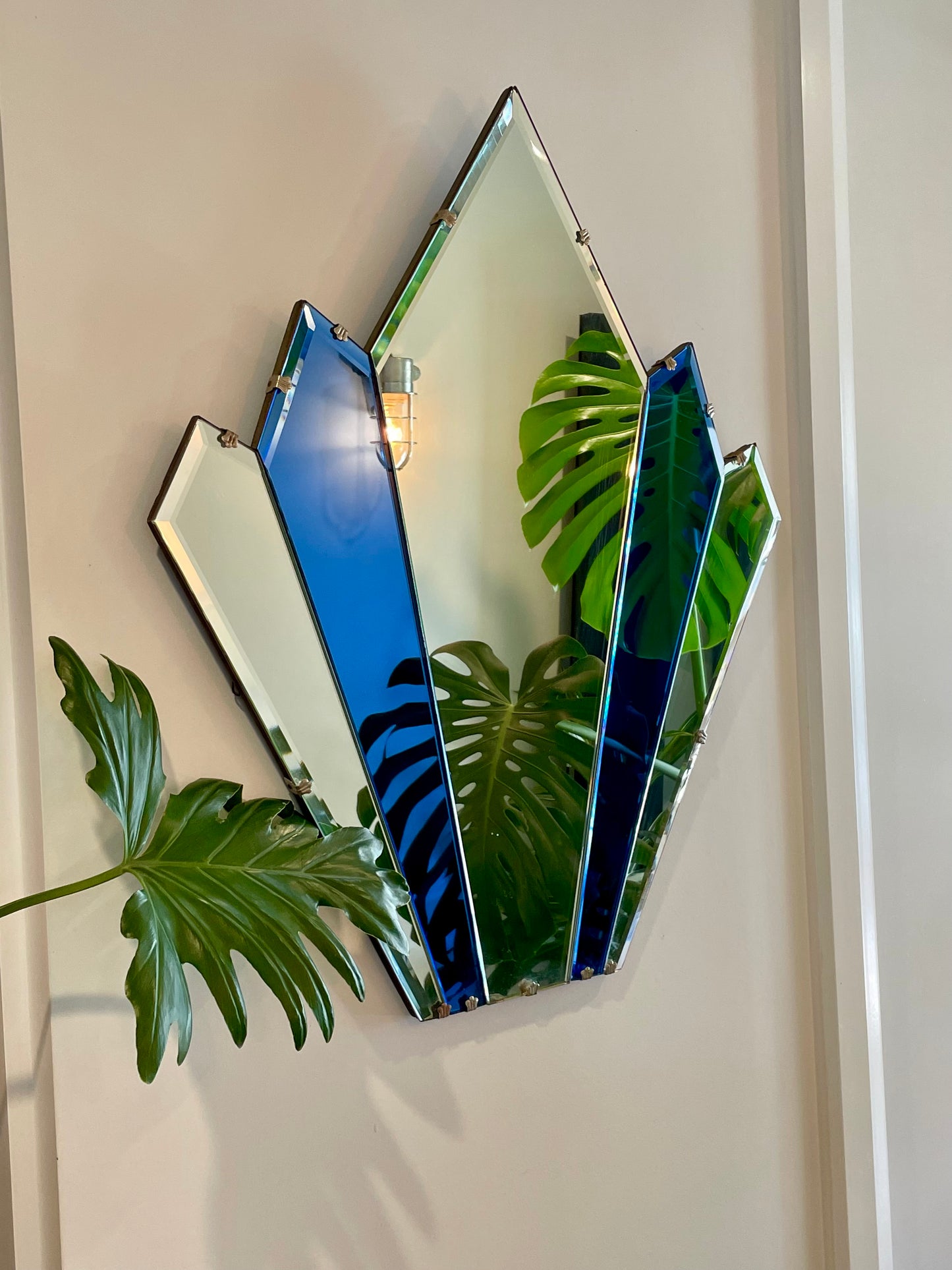 The Cathedral Mirror- Art Deco pointed mirror with cobalt blue glass panels