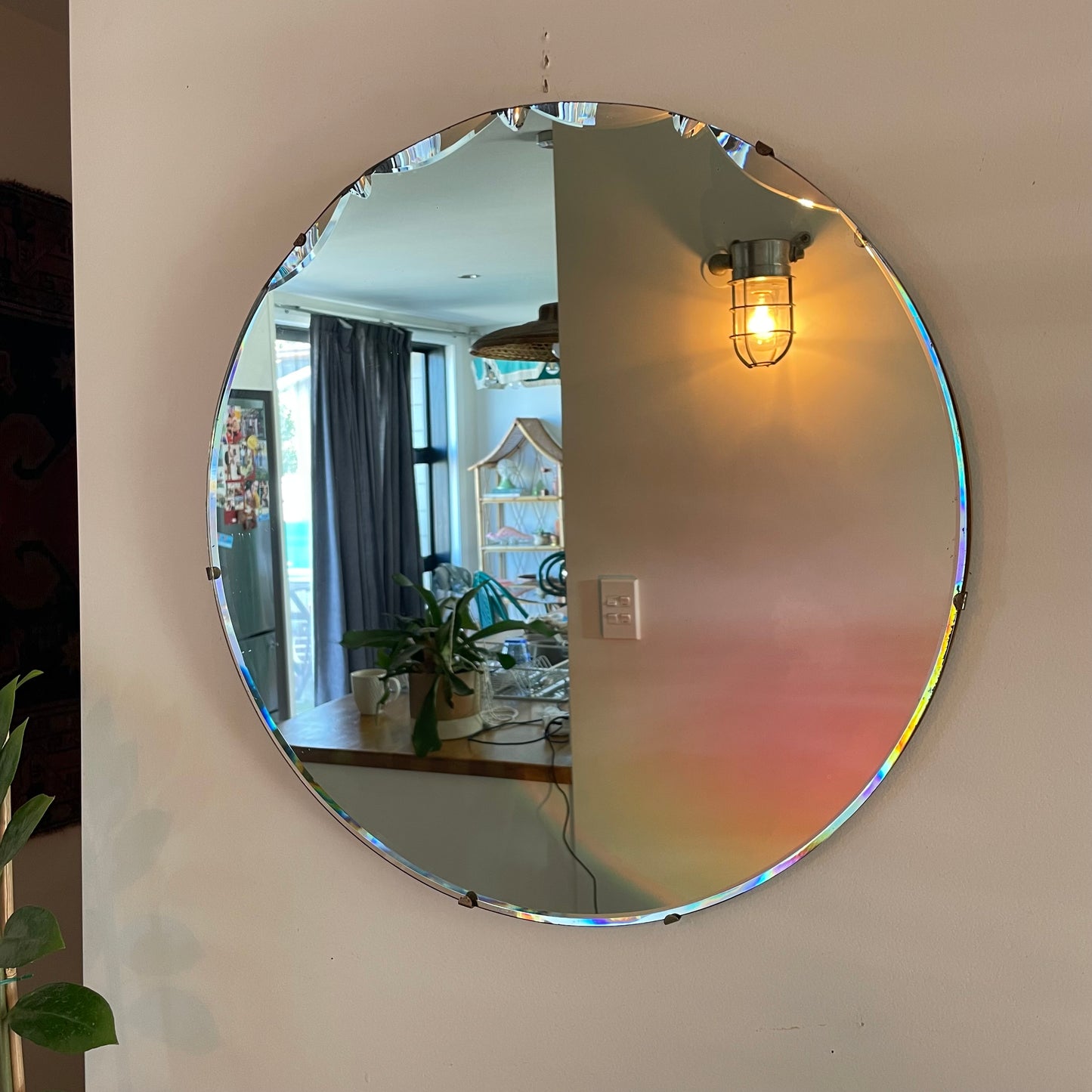 Large round antique Art Deco mirror with scalloped beveles