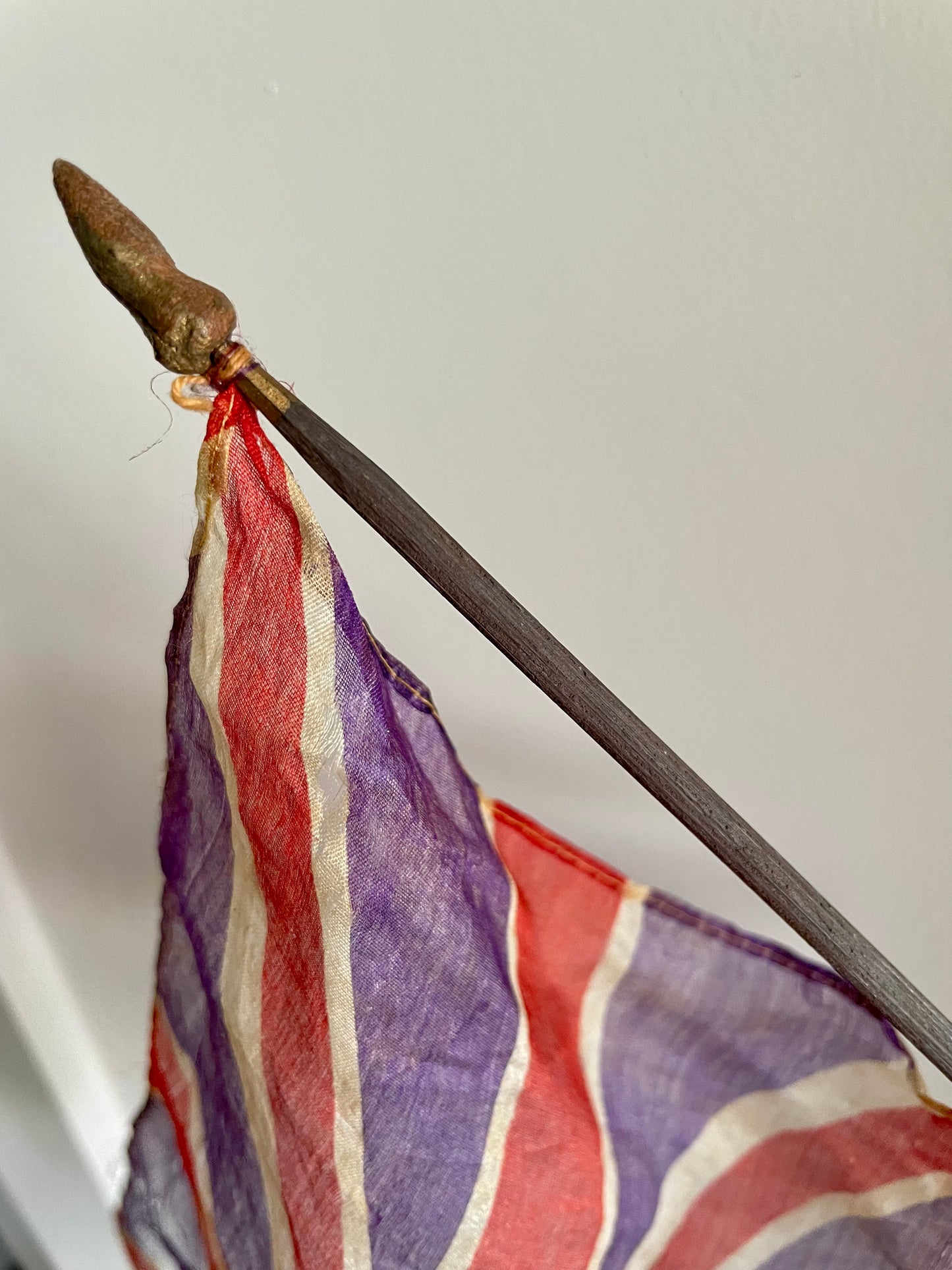 Antique silk United Kingdom parade flag, small ceremonial UK waving flag on stick