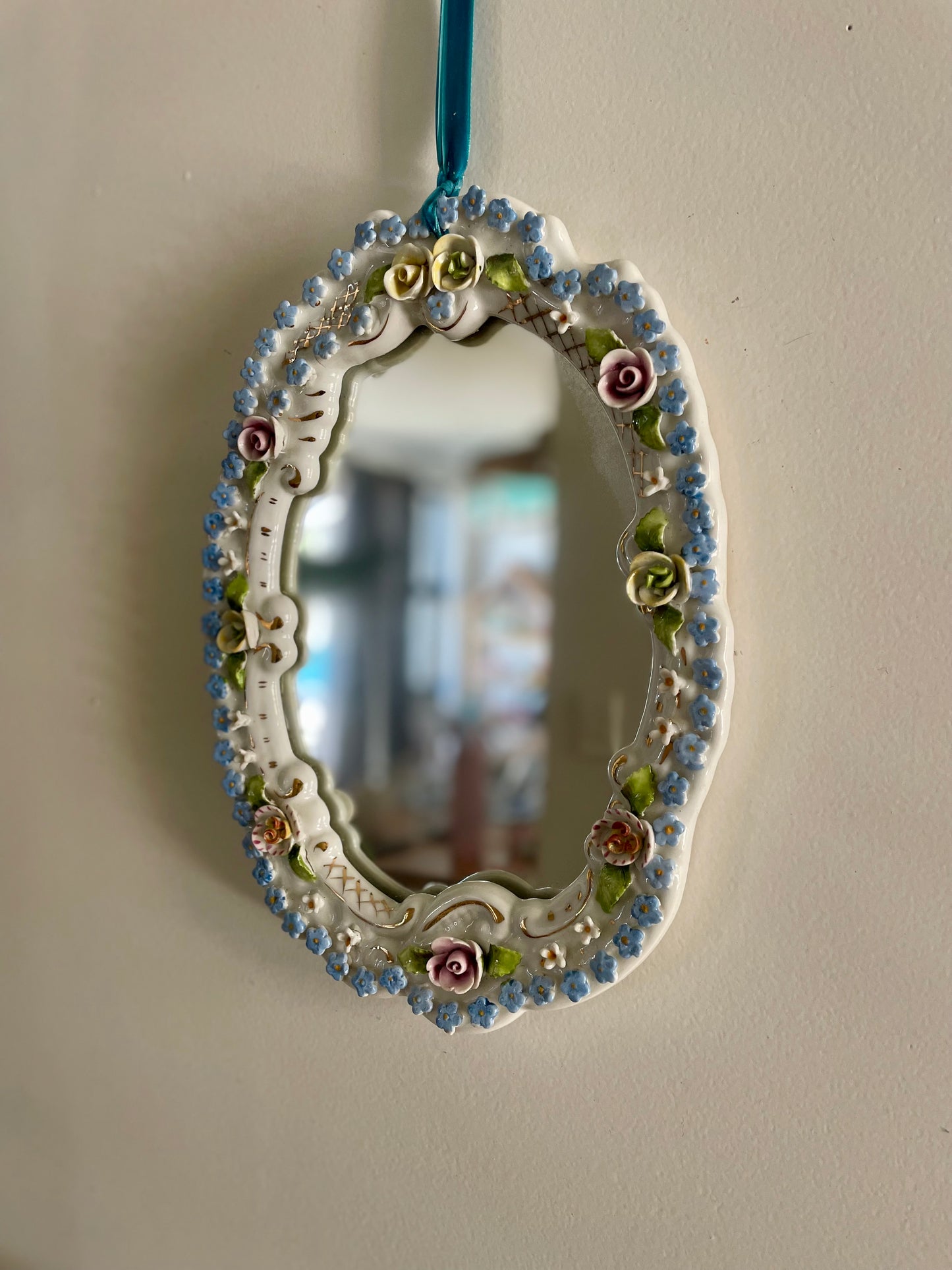 Antique German porcelain mirror - small glass floral mirror