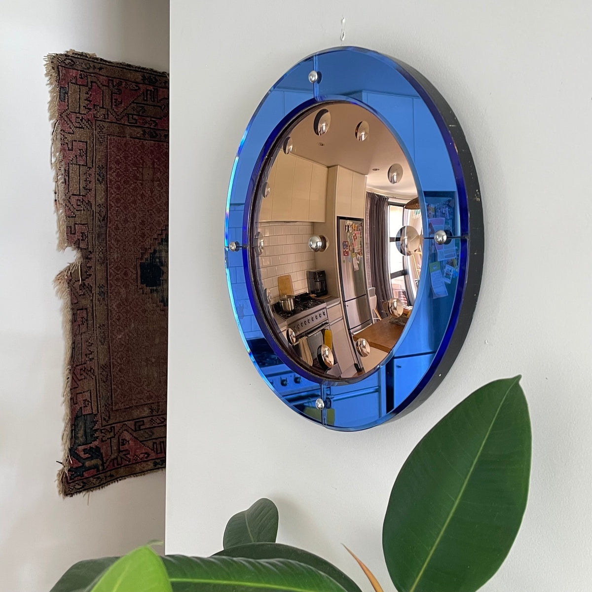 Original Smiths Venus Art Deco clock mirror - Two toned convex blue and pink glass antique bubble mirror