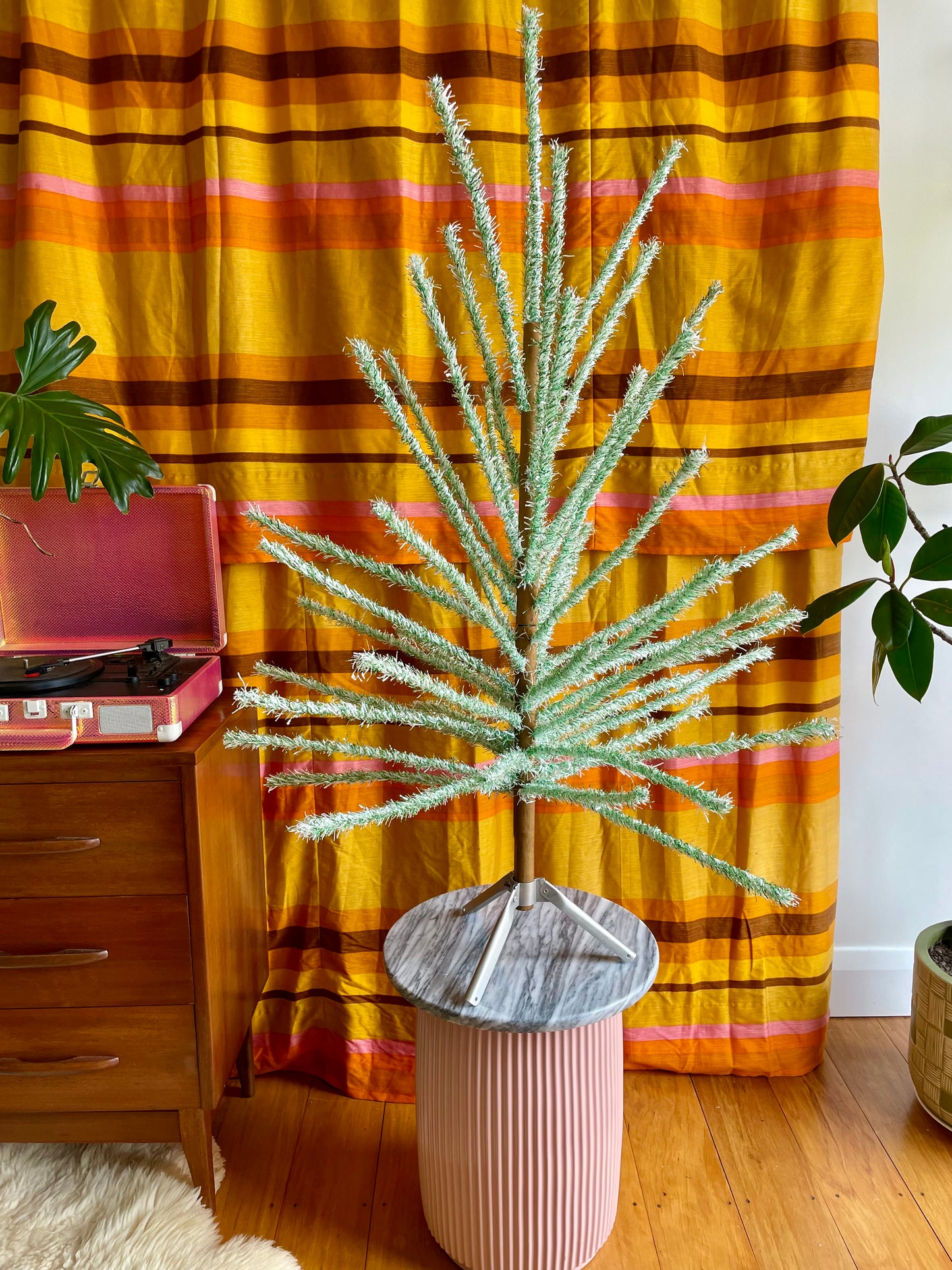 Pistachio Ice Cream - 4 foot Vintage white and green Christmas tree - midcentury modern tinsel xmas tree