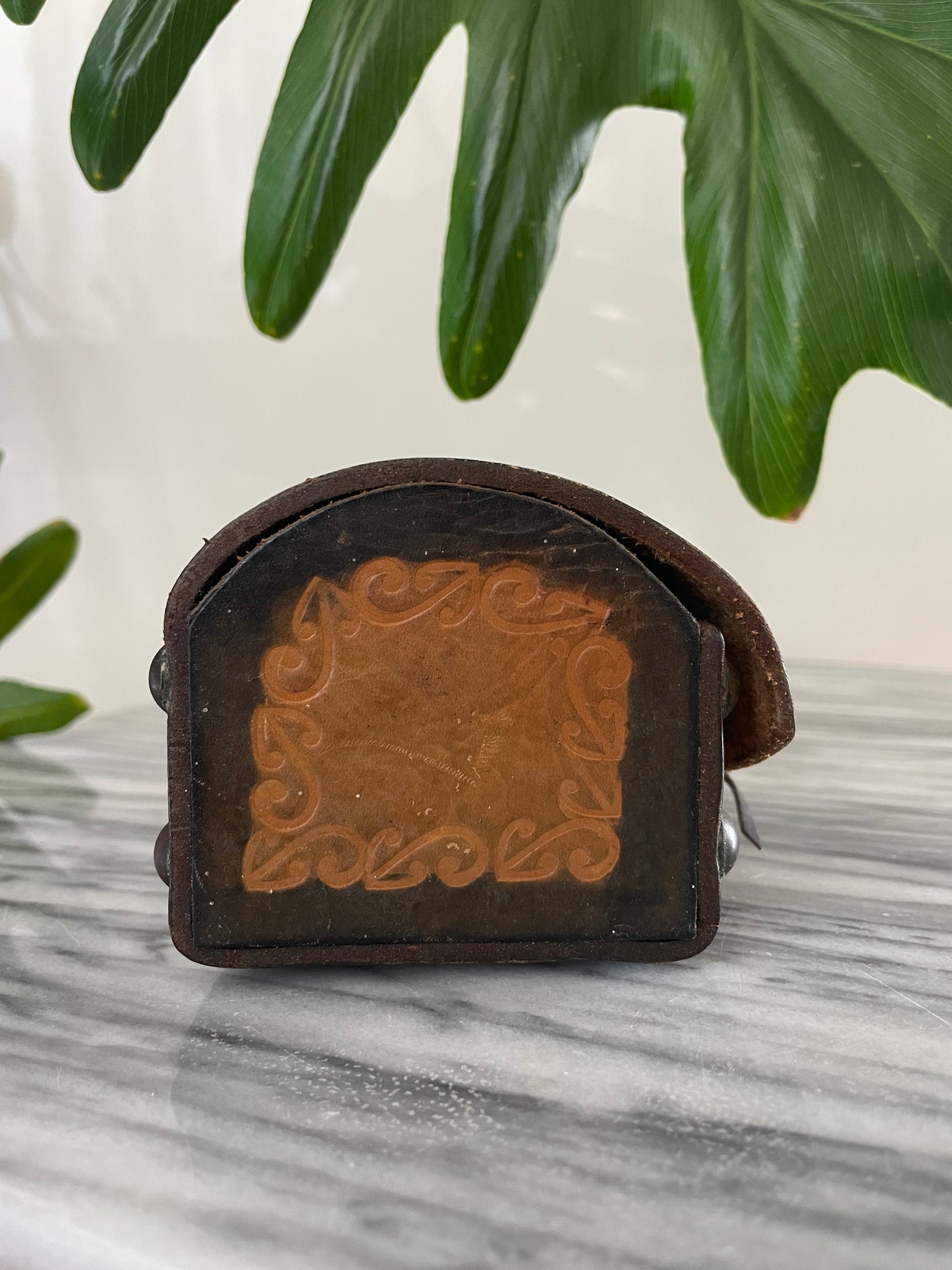 Vintage hand-tooled leather box with embossed Map of New Zealand and Māori designs