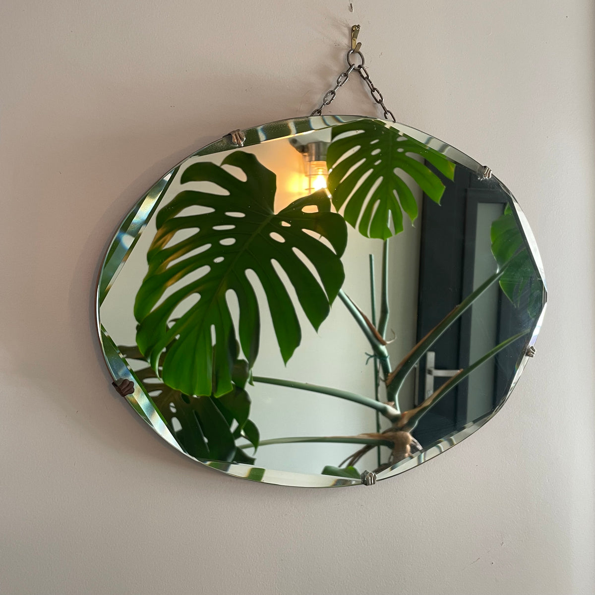 Oval antique mirror - frameless beveled 1930s art deco mirror