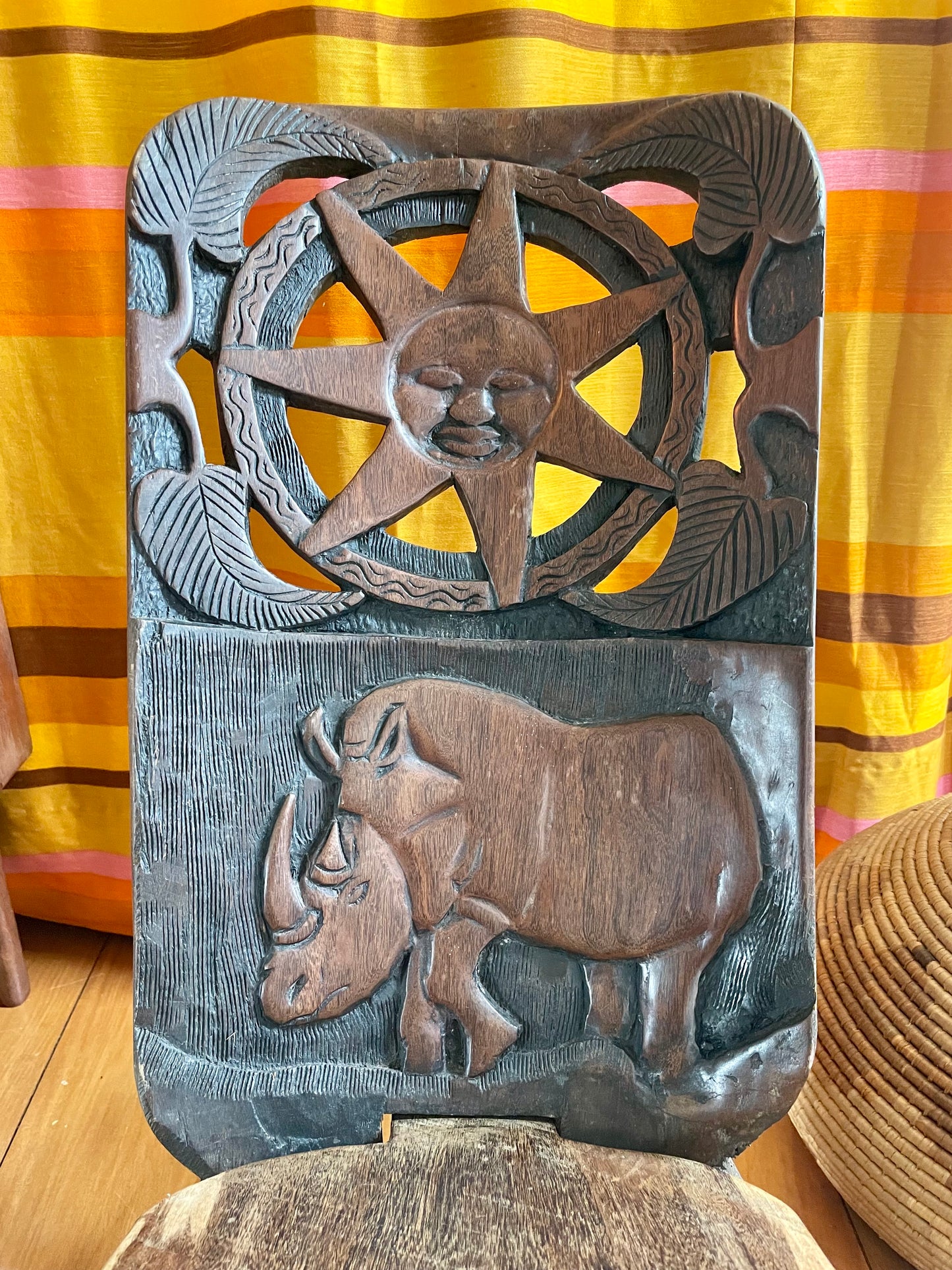 African stargazing chair - Vintage miniature wooden chair from Africa with Sun, Star and Rhinoceros - traditiona hand-carved birthing chair