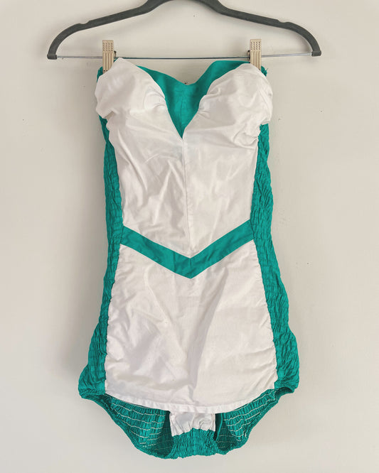 1950s pinup bathing suit - white and turquoise green Cole of California strapless one piece swimsuit